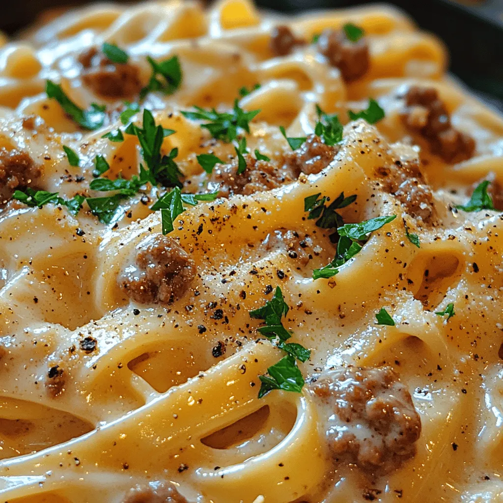 Alfredo dishes have long held a cherished place in the hearts and homes of food enthusiasts around the world. Their creamy, rich sauces paired with pasta create a comforting meal that’s perfect for any occasion. Whether it’s a cozy family dinner, a special gathering with friends, or simply a satisfying meal after a long day, Alfredo recipes have a universal appeal that resonates with many. Among these, the <strong>Creamy Beef Alfredo Delight</strong> stands out as a hearty variation that beautifully combines the traditional flavors of Alfredo with the robust richness of ground beef.” /></p>
</p>
<h3>Crafting the Creamy Sauce: Tips for Achieving the Perfect Consistency</h3>
</p>
<p>The heart of any great Alfredo dish lies in its creamy sauce, and achieving the right consistency is crucial. Start by ensuring your butter and heavy cream are at room temperature before cooking. This will help them blend more smoothly, preventing separation.</p>
</p>
<p>When melting the butter in a saucepan over medium heat, allow it to bubble gently without browning. Gradually add the heavy cream while whisking continuously. This step is key in creating a silky texture.</p>
</p>
<p>For the best results, bring the mixture to a gentle simmer but avoid boiling. This gentle heat allows the cream to thicken without curdling. If you find the sauce too thick as it simmers, you can thin it out with a little reserved pasta cooking water or additional cream to adjust the consistency to your liking.</p>
</p>
<p>Additionally, incorporating freshly grated Parmesan cheese is essential not only for flavor but also for creating that creamy richness. Stir the cheese in slowly, allowing it to melt completely before adding more. This layering technique helps keep the sauce velvety and prevents clumping.</p>
</p>
<h3>Seasoning the Sauce: Balancing Flavors Effectively</h3>
</p>
<p>Seasoning is where you can elevate your Creamy Beef Alfredo Delight from good to exceptional. Start with salt and freshly cracked black pepper, tasting as you go to find the right balance. Remember, the Parmesan cheese adds saltiness, so be cautious to avoid over-seasoning.</p>
</p>
<p>Consider adding a pinch of garlic powder or sautéing minced garlic in the butter before adding cream for an aromatic boost. A dash of nutmeg is a traditional addition that complements creamy sauces beautifully, lending a subtle warmth that enhances the overall flavor profile.</p>
</p>
<p>For a touch of heat, consider red pepper flakes, which can provide a delightful kick without overwhelming the dish. Fresh herbs, such as chopped parsley or basil, can be stirred in at the end for a burst of freshness that brightens the rich flavors of the Alfredo sauce.</p>
</p>
<h3>Combining Ingredients: Ensuring Even Coating of Pasta and Beef</h3>
</p>
<p>Once your sauce is perfectly creamy and seasoned, it’s time to combine it with the pasta and beef. Begin by cooking your chosen pasta according to the package instructions until al dente. Reserve a cup of pasta water before draining; this starchy water can help adjust the sauce’s consistency if needed.</p>
</p>
<p>In a large mixing bowl or your original pot, combine the drained pasta with the cooked beef. Pour the creamy Alfredo sauce over the top and gently toss everything together until the pasta and beef are evenly coated. The key here is to be gentle to avoid breaking the pasta.</p>
</p>
<p>If the sauce seems too thick, gradually add some reserved pasta water, a tablespoon at a time, until you achieve the desired creaminess. This method not only helps the sauce cling better but also ensures that the flavors meld beautifully.</p>
</p>
<h3>Final Touches: Importance of Garnishing and Serving Suggestions</h3>
</p>
<p>Garnishing your Creamy Beef Alfredo Delight is not just for aesthetics; it enhances the dining experience. A sprinkle of freshly grated Parmesan cheese adds a delicious finishing touch. For an herbaceous note, top with chopped parsley or basil, which also adds a pop of color.</p>
</p>
<p>Serve your dish in warmed bowls to keep it hot and appealing. Pair it with garlic bread or a light green salad to balance the richness of the Alfredo sauce. For an elegant presentation, consider a drizzle of olive oil or a few cracks of black pepper just before serving.</p>
</p>
<h3>Nutritional Information</h3>
</p>
<p>Understanding the nutritional profile of your Creamy Beef Alfredo Delight can help you make informed choices. The dish is rich in nutrients due to its combination of ingredients. The heavy cream provides calcium and vitamin A, while the beef adds protein and iron, essential for muscle health and energy.</p>
</p>
<p><strong>Caloric Breakdown Per Serving:</strong></p>
<p>A typical serving of Creamy Beef Alfredo Delight contains approximately 650-800 calories, depending on portion sizes and specific ingredients used. This caloric content primarily comes from carbohydrates in the pasta and fats in the cream and cheese.</p>
</p>
<p><strong>Healthy Substitutions or Modifications:</strong></p>
<p>If you’re looking to lighten the dish, consider substituting half-and-half or whole milk for heavy cream. For a lower-calorie option, you could try using cauliflower puree or a blend of Greek yogurt and chicken broth to create a lighter sauce without sacrificing creaminess.</p>
</p>
<p>For dietary restrictions, gluten-free pasta can be used to make this dish suitable for those with celiac disease or gluten sensitivity. Additionally, lactose-free cream and cheese options are available for those who are lactose intolerant.</p>
</p>
<h3>Variations and Customizations</h3>
</p>
<p>One of the beautiful aspects of cooking is the ability to customize recipes to fit personal tastes and dietary needs. For your Creamy Beef Alfredo Delight, consider the following variations:</p>
</p>
<p><strong>Ingredient Swaps:</strong></p>
<p>– <strong>Pasta</strong>: While fettuccine is traditional, feel free to experiment with penne, rigatoni, or even spiralized zucchini for a low-carb version.</p>
<p>– <strong>Proteins</strong>: Swap beef for grilled chicken, shrimp, or even tofu for a vegetarian-friendly option. For a heartier meal, try adding Italian sausage or pancetta.</p>
</p>
<p><strong>Vegetarian Versions:</strong></p>
<p>For a vegetarian take, omit the beef entirely and add seasonal vegetables such as sautéed mushrooms, spinach, or roasted bell peppers. These additions not only enhance the flavor but also add nutritional benefits.</p>
</p>
<p><strong>Flavor Enhancements:</strong></p>
<p>Experiment with spices and herbs to tailor the dish to your liking. A teaspoon of Italian seasoning, a splash of white wine, or even a dollop of pesto can add layers of flavor that make your Alfredo sauce unique.</p>
</p>
<h3>Serving Suggestions</h3>
</p>
<p>To create a well-rounded meal around your Creamy Beef Alfredo Delight, consider serving it alongside a few complementary dishes:</p>
</p>
<p><strong>Ideal Side Dishes:</strong></p>
<p>– <strong>Garlic Bread</strong>: A classic pairing, garlic bread provides a crunchy contrast to the creamy pasta.</p>
<p>– <strong>Green Salad</strong>: A light salad with mixed greens, cherry tomatoes, and a vinaigrette can balance the richness of the dish.</p>
</p>
<p><strong>Presentation Tips:</strong></p>
<p>For a stunning presentation, serve your Alfredo in shallow bowls and finish with a sprinkle of freshly cracked black pepper and a drizzle of high-quality olive oil. Plating with fresh herbs on top adds color and vibrancy.</p>
</p>
<p><strong>Wine Pairings:</strong></p>
<p>To enhance your dining experience, pair your Creamy Beef Alfredo Delight with a crisp white wine, such as Chardonnay or Pinot Grigio. These wines complement the creaminess of the sauce without overpowering the dish.</p>
</p>
<h3>Conclusion</h3>
</p>
<p>Creamy Beef Alfredo Delight is not just a comforting meal; it’s an invitation to create lasting memories around the dinner table. The joy of cooking and sharing this dish with loved ones encapsulates the essence of homemade meals, fostering connections and conversation.</p>
</p>
<p>Its versatility allows you to adapt the recipe to suit your preferences or dietary needs, ensuring that it can be enjoyed in various settings, from casual family dinners to elegant gatherings. Embrace the process of making this delightful dish, and relish in the satisfaction of serving a meal that is both rich in flavor and comforting in nature.</p>
</div>