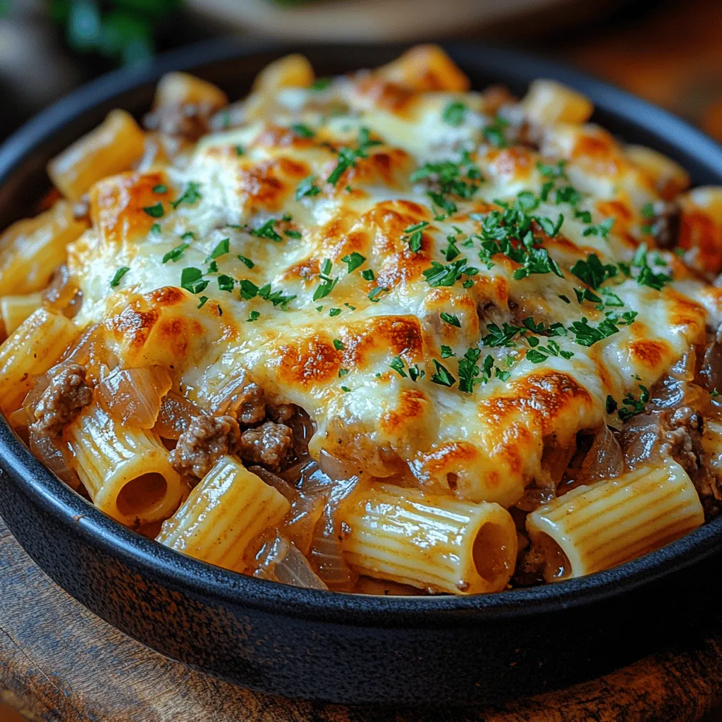 If you’re searching for a hearty meal that wraps you in warmth and comfort, look no further than the French Onion Beef Pasta Bake. This delightful dish combines the rich, savory flavors of classic French onion soup with the satisfying texture of a pasta bake, making it a go-to recipe for family dinners or cozy evenings at home. It’s a culinary fusion that captivates the palate, blending the sweetness of caramelized onions with the robust taste of ground beef and the creaminess of melted cheese.