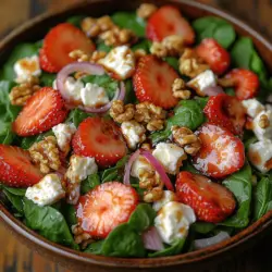 At the base of this delicious salad lies fresh baby spinach, a leafy green that serves as a nutritional powerhouse. Spinach is packed with vitamins A, C, and K, as well as iron and calcium, making it a fantastic addition to any meal. Its mild flavor and tender texture allow it to blend seamlessly with other ingredients, ensuring that it supports rather than overwhelms the dish. When selecting spinach for your salad, look for vibrant, dark green leaves that are crisp and free from any wilting or discoloration. Fresh baby spinach is a great choice for salads due to its tender leaves that provide a satisfying crunch without being too fibrous.