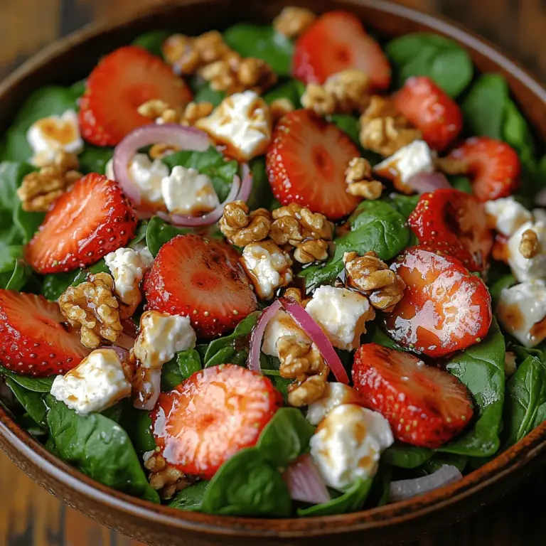 At the base of this delicious salad lies fresh baby spinach, a leafy green that serves as a nutritional powerhouse. Spinach is packed with vitamins A, C, and K, as well as iron and calcium, making it a fantastic addition to any meal. Its mild flavor and tender texture allow it to blend seamlessly with other ingredients, ensuring that it supports rather than overwhelms the dish. When selecting spinach for your salad, look for vibrant, dark green leaves that are crisp and free from any wilting or discoloration. Fresh baby spinach is a great choice for salads due to its tender leaves that provide a satisfying crunch without being too fibrous.