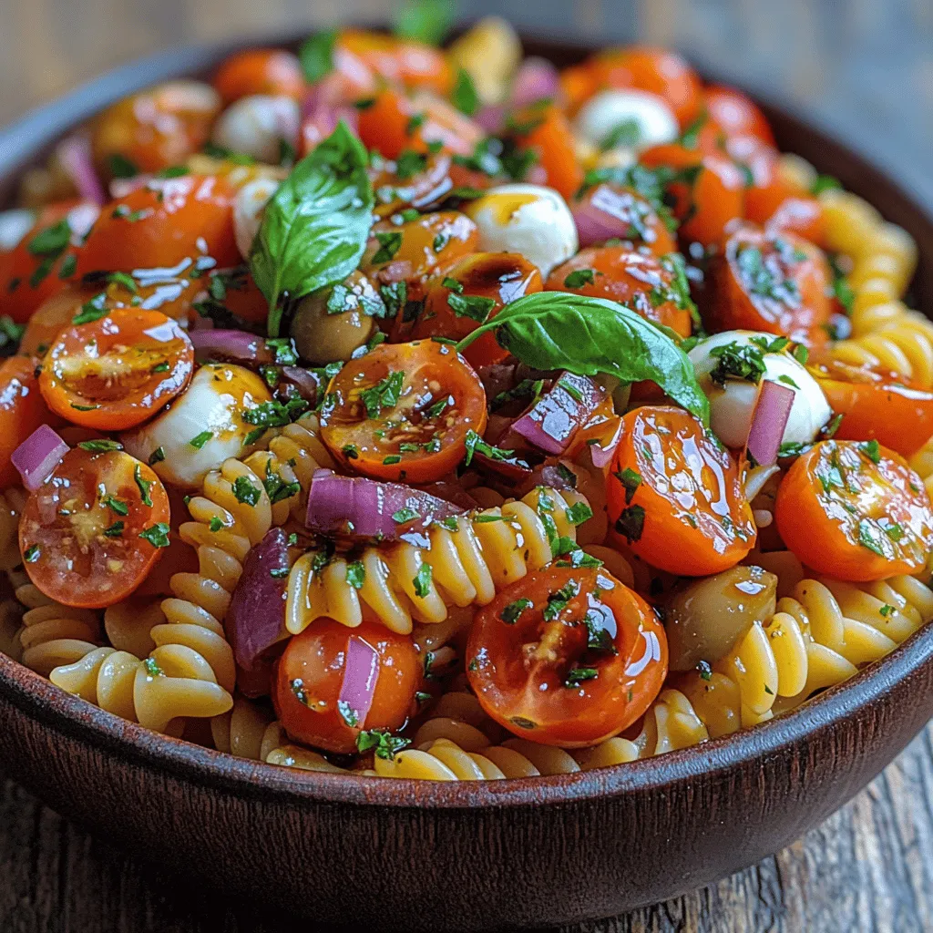 As the sun shines bright and the temperatures rise, there's nothing quite like a refreshing pasta salad to capture the essence of summer. The <strong>Sun-Kissed Tomato Basil Pasta Salad</strong> is a vibrant dish that brings together the rich flavors of ripe tomatoes, the aromatic essence of fresh basil, and the satisfying texture of perfectly cooked pasta. This salad not only embodies the spirit of summer but also highlights the importance of using fresh ingredients, making it a favorite for gatherings, picnics, and casual family dinners.” /></p>
</p>
<h3>Mixing the Salad</h3>
</p>
<p>Once you’ve prepared the individual components of your Sun-Kissed Tomato Basil Pasta Salad, it’s time to bring everything together. The key to mixing this salad is to be gentle; you want to maintain the integrity of the ingredients while ensuring every bite is bursting with flavor. Start by placing your cooked pasta in a large mixing bowl, allowing it to cool slightly before adding the fresh vegetables.</p>
</p>
<h4>Importance of Gentle Tossing</h4>
</p>
<p>When mixing your pasta salad, use a large spoon or spatula to gently toss the ingredients. This technique helps prevent the tomatoes from breaking down and ensures the basil leaves remain intact, adding a vibrant touch to your dish. Avoid vigorous stirring, as this can lead to mushy tomatoes and torn basil, which diminishes the overall texture.</p>
</p>
<h4>How to Layer Flavors Effectively</h4>
</p>
<p>Layering flavors is crucial in creating a well-rounded salad. Start by adding the vegetables first—cherry tomatoes, cucumbers, and red onion—followed by the herbs. This order allows the fresh ingredients to intermingle while you add the dressing later. Mixing the ingredients in this way ensures that every bite is a delightful combination of tastes, from the sweet juiciness of the tomatoes to the crispness of the cucumbers.</p>
</p>
<h3>Making the Dressing</h3>
</p>
<p>The dressing is what elevates your pasta salad from ordinary to extraordinary. A well-balanced dressing can transform the dish, so it’s essential to strike the right harmony between oil and vinegar.</p>
</p>
<h4>The Balance of Flavors: Oil vs. Vinegar</h4>
</p>
<p>For this recipe, a classic vinaigrette made from extra virgin olive oil and balsamic vinegar works wonderfully. Aim for a ratio of about three parts olive oil to one part vinegar to ensure the dressing remains rich without overpowering the freshness of the salad. The olive oil provides a smooth mouthfeel, while the vinegar adds a tangy brightness that complements the tomatoes beautifully.</p>
</p>
<h4>Tips for Adjusting Seasoning to Personal Preference</h4>
</p>
<p>Once you’ve whisked your dressing together, taste it before adding it to the salad. If you prefer a sweeter dressing, consider adding a teaspoon of honey or agave syrup. For a more acidic profile, a splash of lemon juice can brighten the flavors even further. Salt and pepper are essential, but adjust them according to your palate; a pinch of sea salt and freshly cracked black pepper often suffice.</p>
</p>
<h3>Combining Ingredients</h3>
</p>
<p>Now that your ingredients are prepped and your dressing is ready, it’s time to combine everything.</p>
</p>
<h4>Ensuring Even Distribution of Dressing and Herbs</h4>
</p>
<p>Pour the dressing over the pasta salad, and gently toss the ingredients together until everything is evenly coated. To achieve an even distribution, use a folding motion, lifting the bottom ingredients to the top rather than stirring in circles. This method helps to ensure that all ingredients are well mixed without damaging the delicate tomatoes or herbs.</p>
</p>
<h4>Visual Cues for a Well-Mixed Salad</h4>
</p>
<p>A perfectly mixed salad will have a glossy sheen from the dressing, and the colors should be vibrant and inviting. The pasta should be lightly coated, with flecks of basil and other vegetables visible throughout. If you find the pasta appears dry, drizzle in a bit more olive oil and toss gently again.</p>
</p>
<h3>Chilling the Salad</h3>
</p>
<p>Chilling your Sun-Kissed Tomato Basil Pasta Salad is not just about serving it cold; it’s an essential step for enhancing the flavors.</p>
</p>
<h4>Benefits of Chilling for Flavor Melding</h4>
</p>
<p>Allowing the salad to chill for at least 30 minutes lets the flavors meld beautifully. The longer it sits, the more the dressing will penetrate the ingredients, making each bite more flavorful. This is particularly important for dishes that include fresh herbs, as chilling helps to mellow any sharpness and allows the herbaceous notes to shine through.</p>
</p>
<h4>Recommendations for Chilling Duration</h4>
</p>
<p>For best results, consider chilling the salad for up to two hours in the refrigerator. If you’re short on time, even 30 minutes can significantly improve the flavor. Just be mindful not to leave it too long, especially if your salad includes ingredients like cucumbers, which can become soggy over time.</p>
</p>
<h3>Serving Suggestions</h3>
</p>
<p>When it comes to serving your pasta salad, presentation is key. Here are some ideas to make your Sun-Kissed Tomato Basil Pasta Salad shine on any table.</p>
</p>
<h4>Presentation Ideas for Various Occasions</h4>
</p>
<p>For casual gatherings, serve the salad in a large, colorful bowl, allowing guests to help themselves. For more formal occasions, consider plating individual servings in small, clear glasses or jars for an elegant touch. Garnish each portion with a sprig of fresh basil or a drizzle of balsamic glaze for added visual appeal.</p>
</p>
<h4>Pairing Suggestions with Other Dishes</h4>
</p>
<p>This pasta salad pairs wonderfully with grilled chicken, fish, or a hearty vegetable dish. It makes for an excellent side at barbecues and potlucks, complementing grilled meats and roasted vegetables alike. For a vegetarian option, serve it alongside stuffed bell peppers or a quinoa salad.</p>
</p>
<h3>Nutritional Analysis</h3>
</p>
<p>Understanding the nutritional content of your Sun-Kissed Tomato Basil Pasta Salad can help you appreciate its health benefits.</p>
</p>
<h4>Breakdown of the Nutritional Content Per Serving</h4>
</p>
<p>Each serving of this salad typically contains approximately 250 calories, with about 10 grams of protein, 15 grams of fat, and 30 grams of carbohydrates. The exact nutritional values may vary depending on the specific ingredients and quantities used.</p>
</p>
<h4>Health Benefits of Key Ingredients</h4>
</p>
<p>The primary ingredients in this salad offer numerous health benefits. Tomatoes are rich in antioxidants, particularly lycopene, which has been linked to various health benefits, including reduced risk of heart disease. Basil is known for its anti-inflammatory properties, while olive oil is a heart-healthy fat that can help lower cholesterol levels.</p>
</p>
<h4>Considerations for Dietary Restrictions</h4>
</p>
<p>This pasta salad can easily be adapted to meet various dietary needs. For a gluten-free option, use gluten-free pasta made from rice or quinoa. To make it vegan, simply ensure that your chosen pasta is egg-free and use a vegan-friendly dressing.</p>
</p>
<h3>Flavor Variations and Customizations</h3>
</p>
<p>One of the best aspects of the Sun-Kissed Tomato Basil Pasta Salad is its versatility. Here are some suggestions for customizing the dish to suit your taste.</p>
</p>
<h4>Suggestions for Ingredient Swaps or Additions</h4>
</p>
<p>Feel free to experiment with different types of pasta. Fusilli, bowtie, or whole wheat pasta can provide unique textures. Additionally, consider adding roasted red peppers, artichoke hearts, or even olives for an extra layer of flavor.</p>
</p>
<h4>Different Types of Pasta</h4>
</p>
<p>While traditional pasta works well, you can also opt for whole grain or legume-based pasta for added nutrition. These alternatives not only alter the flavor but can also boost protein and fiber content.</p>
</p>
<h4>Alternative Vegetables or Proteins</h4>
</p>
<p>For a heartier salad, consider adding grilled chicken, shrimp, or chickpeas. You can also include seasonal vegetables like zucchini or bell peppers, lending additional colors and textures to your dish.</p>
</p>
<h4>Various Dressings to Suit Different Tastes</h4>
</p>
<p>If you want to change up the dressing, consider using a lemon vinaigrette or a creamy dressing like a yogurt-based ranch. Each option brings a different flavor profile, allowing you to tailor the salad to your preferences.</p>
</p>
<h4>Seasonal Variations for Year-Round Enjoyment</h4>
</p>
<p>In the summer, fresh corn or diced avocado can add a delightful twist, while fall brings the opportunity to include roasted butternut squash. Adjust the ingredients based on the season to keep the salad fresh and exciting throughout the year.</p>
</p>
<h3>Conclusion</h3>
</p>
<p>The Sun-Kissed Tomato Basil Pasta Salad is an outstanding dish that showcases the freshness of its ingredients while being versatile enough for any occasion. Whether served at a summer barbecue or as a light lunch, its vibrant flavors and textures make it a favorite among food lovers.</p>
</p>
<p>Don’t hesitate to experiment with personal touches and variations to make this recipe your own. The beauty of homemade pasta salads lies in their adaptability, allowing you to incorporate seasonal ingredients and personal preferences seamlessly. Enjoy the process of creating and sharing this delightful dish, and relish the satisfaction of serving a fresh, healthy, and utterly delicious pasta salad that everyone will love.</p>
</div>
