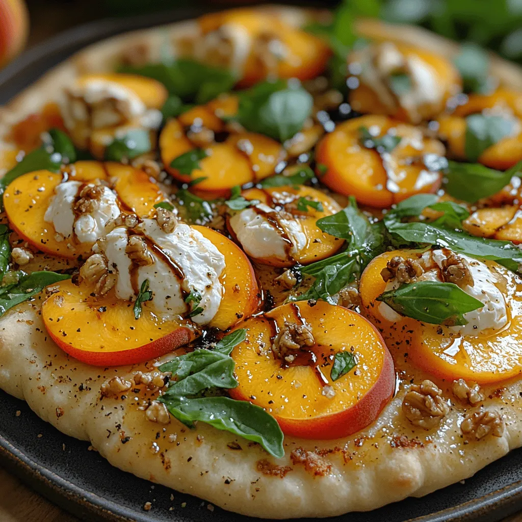 In recent years, flatbreads have surged in popularity, captivating the hearts and palates of food enthusiasts around the globe. Their versatile nature makes them an ideal canvas for a myriad of toppings and flavor combinations, catering to both traditional and contemporary culinary preferences. Among the many delicious flatbread creations, the <strong>Peach Burrata Flatbread</strong> stands out as a seasonal delight that beautifully marries sweet and savory elements. This dish showcases the lusciousness of ripe peaches paired with the rich, creamy texture of burrata cheese, topped off with the peppery freshness of arugula. Together, these ingredients create a dish that not only tantalizes the taste buds but also reflects the vibrant flavors of summer.” /></p>
</p>
<h3>Techniques for Slicing Peaches to Maximize Flavor and Presentation</h3>
</p>
<p>Slicing peaches correctly is paramount for both the flavor and visual appeal of your Peach Burrata Flatbread. Start by selecting ripe peaches that yield slightly when pressed, indicating they are sweet and juicy. To slice peaches efficiently, follow these steps:</p>
</p>
<p>1. <strong>Wash and Dry</strong>: Begin by rinsing your peaches under cool water to remove any residue. Pat them dry with a clean towel.</p>
</p>
<p>2. <strong>Cutting Technique</strong>: Place the peach on a cutting board and use a sharp knife to slice down along the natural seam of the peach. Twist the two halves apart to separate the pit and flesh, discarding the pit.</p>
</p>
<p>3. <strong>Creating Slices</strong>: Lay each half cut-side down and slice into thin wedges. Aim for slices approximately 1/4 inch thick for the best combination of texture and flavor distribution on the flatbread.</p>
</p>
<p>4. <strong>Presentation</strong>: To enhance presentation, fan the slices out on a plate or directly on the flatbread. This not only makes the dish visually appealing but also allows guests to enjoy the fresh peach flavor in every bite.</p>
</p>
<h3>Crafting the Dressing: Balancing Honey’s Sweetness with Balsamic Acidity</h3>
</p>
<p>The dressing for your Peach Burrata Flatbread is a crucial component that ties all the flavors together. A well-balanced dressing can elevate the dish, making it even more delectable. Here’s how to craft the perfect dressing:</p>
</p>
<p>1. <strong>Ingredients</strong>: To create a simple yet flavorful dressing, combine 3 tablespoons of balsamic vinegar and 2 tablespoons of honey. This ratio gives a perfect balance between the sweet notes of honey and the tangy flavor of balsamic.</p>
</p>
<p>2. <strong>Mixing</strong>: In a small bowl, whisk together the balsamic vinegar and honey until fully combined. For an extra layer of flavor, consider adding a pinch of salt and freshly cracked black pepper to enhance the dressing profile.</p>
</p>
<p>3. <strong>Taste Test</strong>: Always taste your dressing before using it. If it’s too sweet, add a bit more balsamic vinegar. If it’s too tangy, incorporate a touch more honey. The key is to achieve a harmonious balance that complements the creaminess of the burrata and the sweetness of the peaches.</p>
</p>
<h3>Assembly Tips to Ensure Even Distribution of Flavors and Textures</h3>
</p>
<p>Proper assembly of your flatbread is essential to ensure each bite is a delightful mix of ingredients. Follow these steps for the best results:</p>
</p>
<p>1. <strong>Base Layer</strong>: Start with your pre-baked flatbread as the base. If you’ve made the flatbread from scratch, let it cool slightly before topping.</p>
</p>
<p>2. <strong>Spread the Burrata</strong>: Tear the burrata into smaller pieces and distribute them evenly across the flatbread. This ensures that every bite contains the creamy goodness that complements the other ingredients.</p>
</p>
<p>3. <strong>Arranging Peaches</strong>: Next, layer the sliced peaches on top of the burrata. Arrange them in a visually appealing pattern, ensuring that they are spread out to avoid clumping, which can lead to uneven flavor distribution.</p>
</p>
<p>4. <strong>Drizzle the Dressing</strong>: Finally, drizzle the balsamic-honey dressing over the top of the flatbread. Use a spoon or a squeeze bottle to achieve a more controlled application, allowing for a beautiful presentation.</p>
</p>
<p>5. <strong>Garnish</strong>: For the finishing touch, sprinkle fresh herbs such as basil or arugula over the top, adding a pop of color and an additional layer of flavor.</p>
</p>
<h3>Serving Suggestions and Pairings</h3>
</p>
<p>When it comes to serving your Peach Burrata Flatbread, presentation and pairing elevate the dining experience. Here are some suggestions:</p>
</p>
<p>1. <strong>Optimal Serving Size</strong>: Depending on whether this dish is a main course or an appetizer, aim for 1/4 to 1/3 of the flatbread per person for an appetizer, or 1/2 for a main. Cut the flatbread into squares or wedges, making it easy for guests to grab and enjoy.</p>
</p>
<p>2. <strong>Presentation Ideas</strong>: Serve the flatbread on a wooden cutting board or a large platter for a rustic look. Consider garnishing with edible flowers or microgreens for an elegant touch, emphasizing the fresh ingredients used.</p>
</p>
<p>3. <strong>Beverage Pairings</strong>: To enhance your dining experience, consider pairing the flatbread with beverages such as a chilled glass of Sauvignon Blanc or a light rosé. For those who prefer non-alcoholic options, sparkling water infused with fresh mint or basil works wonderfully.</p>
</p>
<p>4. <strong>Side Dishes or Appetizers</strong>: Complement the flatbread with a light salad, such as arugula with lemon vinaigrette, or a fruit platter that showcases seasonal offerings. Charcuterie boards with a selection of cured meats and cheeses can also provide a delightful contrast to the sweetness of the peaches.</p>
</p>
<h3>Nutritional Insights and Health Benefits</h3>
</p>
<p>Understanding the nutritional content and health benefits of the ingredients in your Peach Burrata Flatbread can enhance your appreciation for this dish:</p>
</p>
<p>1. <strong>Nutritional Breakdown</strong>: Each serving of flatbread contains approximately:</p>
<p>– Calories: 250-300 (depending on the size of the flatbread)</p>
<p>– Protein: 8-10g (mainly from burrata)</p>
<p>– Healthy fats: 15-20g (from burrata and olive oil)</p>
<p>– Carbohydrates: 30-35g (from the flatbread)</p>
<p>– Fiber: 2-4g (from peaches and any whole grain used in the flatbread)</p>
</p>
<p>2. <strong>Health Benefits</strong>:</p>
<p>– <strong>Peaches</strong>: Rich in vitamins A and C, peaches are known for their antioxidant properties and contribute to skin health.</p>
<p>– <strong>Burrata</strong>: This cheese is a great source of calcium and protein, promoting healthy bones and muscle function.</p>
<p>– <strong>Nuts and Greens</strong>: If you add nuts like walnuts or greens like arugula, you’re introducing healthy fats and additional vitamins.</p>
</p>
<p>3. <strong>Mindful Eating Practices</strong>: This dish encourages mindful eating by incorporating fresh, whole ingredients that are visually appealing. Consider portion control by being conscious of how much you serve, allowing for a satisfying yet balanced meal.</p>
</p>
<h3>Culinary Tips for Success</h3>
</p>
<p>To ensure your Peach Burrata Flatbread turns out perfectly every time, keep these culinary tips in mind:</p>
</p>
<p>1. <strong>Common Mistakes to Avoid</strong>:</p>
<p>– Overloading the flatbread with toppings can result in sogginess. Aim for balance in all components.</p>
<p>– Using underripe peaches can lead to a lack of sweetness and flavor. Always choose ripe, fragrant peaches for the best results.</p>
</p>
<p>2. <strong>Selecting Ingredients</strong>:</p>
<p>– For the best flavor, choose burrata that is fresh and high-quality. Look for brands that use organic milk for a creamier texture.</p>
<p>– When selecting peaches, opt for those that are slightly soft to the touch and free of blemishes. If possible, pick them in season for the best taste.</p>
</p>
<p>3. <strong>Storage and Reheating</strong>: Leftovers can be stored in an airtight container in the refrigerator for up to 2 days. To maintain texture, reheat the flatbread in the oven at a low temperature (around 350°F) for 5-10 minutes, or until warm.</p>
</p>
<h3>Conclusion</h3>
</p>
<p>The Peach Burrata Flatbread is a delightful dish that showcases the vibrant flavors of fresh ingredients, making it perfect for any occasion. Whether enjoyed as a light lunch, a starter at a gathering, or a main course, this recipe invites you to experience the joy of summer flavors.</p>
</p>
<p>Encouraging creativity, this dish allows room for variations—consider adding prosciutto for a savory touch or experimenting with different cheeses. The Peach Burrata Flatbread is not just a meal; it’s a celebration of flavors that can be enjoyed with family and friends. So, gather your ingredients, follow the steps, and indulge in this delicious culinary adventure today!</p>
</div>