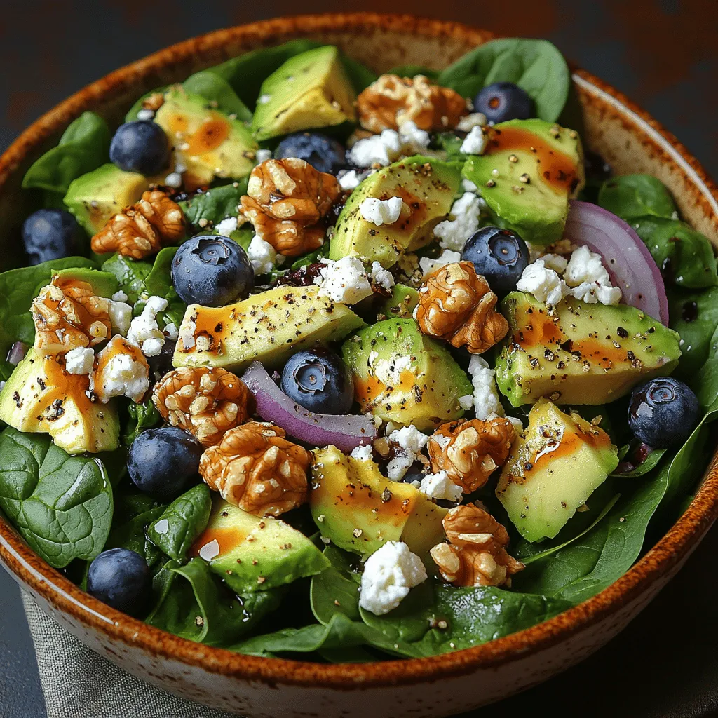 In an age where health-conscious eating is becoming more and more important, fresh salads have emerged as a favorite staple among those seeking nutritious and flavorful meals. Salads are not just a complement to your meal; they can be a vibrant centerpiece filled with color, texture, and an abundance of health benefits. Among the myriad of salad options available, one stands out for its delightful combination of flavors and nutrients: <strong>Blueberry Bliss: The Avocado Spinach Salad</strong>. This invigorating dish marries the earthiness of spinach with the creamy richness of avocado and the sweet burst of blueberries, creating a salad that is as beautiful as it is beneficial.” /></p>
</p>
<h3>Preparing the Salad Base</h3>
</p>
<p>To create a stunning Blueberry Bliss Avocado Spinach Salad, start by preparing the salad base. Fresh spinach is the star ingredient, and how you wash and dry it can significantly impact the overall quality of your salad.</p>
</p>
<h4>Tips for Washing and Drying Spinach to Maintain Freshness</h4>
</p>
<p>1. <strong>Choose Fresh Spinach</strong>: Begin with fresh, vibrant spinach leaves, avoiding any wilted or yellowed greens.</p>
<p>2. <strong>Wash Thoroughly</strong>: Rinse the spinach under cold running water to remove dirt and potential pesticides. It’s important to separate any clumps of leaves to ensure all surfaces are cleaned.</p>
<p>3. <strong>Use a Salad Spinner</strong>: After washing, use a salad spinner to remove excess water. This step helps prevent a soggy salad and keeps the leaves crisp. If you don’t have a salad spinner, gently shake the spinach in a colander and lay it out on clean kitchen towels to air dry.</p>
<p>4. <strong>Store Properly</strong>: If you’re not using the spinach immediately, store it in a breathable container lined with paper towels to absorb moisture, keeping them fresh until you’re ready to assemble your salad.</p>
</p>
<h3>Incorporating Fresh Ingredients</h3>
</p>
<p>With the spinach washed and dried, it’s time to incorporate the fresh ingredients that will elevate your salad.</p>
</p>
<h4>Techniques for Cutting Avocado to Avoid Browning</h4>
</p>
<p>1. <strong>Select the Right Avocado</strong>: Choose ripe avocados that yield slightly to gentle pressure but are not overly soft.</p>
<p>2. <strong>Cutting Method</strong>: Slice the avocado in half lengthwise, carefully avoiding the pit. Twist the halves to separate them. Use a spoon to scoop out the flesh, and slice it into thin wedges or cubes.</p>
<p>3. <strong>Prevent Browning</strong>: To keep the avocado fresh and green, drizzle a little lemon or lime juice over the cut pieces immediately after slicing. The citric acid helps slow down the oxidation process that causes browning.</p>
</p>
<h4>Best Practices for Gently Folding Ingredients to Preserve Texture</h4>
</p>
<p>As you add ingredients to your salad, it’s important to maintain their integrity for both flavor and presentation.</p>
</p>
<p>1. <strong>Layering Ingredients</strong>: Begin with the spinach as your base, then layer the other ingredients on top. This method allows for even distribution of flavors without crushing delicate ingredients like blueberries.</p>
<p>2. <strong>Gentle Tossing</strong>: When combining the salad, use a large spoon or salad tongs to fold the ingredients together gently. This technique preserves the shape and texture of the avocado and blueberries while ensuring everything is mixed.</p>
</p>
<h3>Making the Perfect Dressing</h3>
</p>
<p>The dressing is where you’ll harmonize flavors and elevate your salad to new heights.</p>
</p>
<h4>Importance of Balancing Flavors in Salad Dressings</h4>
</p>
<p>A well-balanced dressing enhances the salad without overpowering it. The key elements are acidity, sweetness, and seasoning.</p>
</p>
<p>1. <strong>Acidic Component</strong>: For this salad, balsamic vinegar is the perfect choice, providing a tangy depth. Aim for high-quality balsamic vinegar that offers a rich flavor profile.</p>
<p>2. <strong>Sweetness</strong>: Adding a natural sweetener like honey or maple syrup balances the acidity of the vinegar. Start with a teaspoon and adjust according to your taste preference.</p>
<p>3. <strong>Emulsification</strong>: To create a creamy, cohesive dressing, whisk together the balsamic vinegar, sweetener, a touch of Dijon mustard, olive oil, salt, and pepper. A ratio of 3:1 oil to vinegar is a good start. Adjust the seasoning as needed to find your perfect balance.</p>
</p>
<h3>Final Assembly and Presentation</h3>
</p>
<p>The final assembly is where your salad transforms into an appealing dish ready to be served.</p>
</p>
<h4>Suggestions for Plating and Garnishing for an Appealing Presentation</h4>
</p>
<p>1. <strong>Choose the Right Bowl</strong>: For a beautiful presentation, consider using a large, shallow serving bowl. This shape allows the vibrant colors of the ingredients to shine.</p>
<p>2. <strong>Layering</strong>: Start with the spinach base, then artfully arrange the avocado slices and blueberries on top. For added color and texture, sprinkle some crumbled feta cheese or toasted nuts (like almonds or walnuts) over the top.</p>
<p>3. <strong>Drizzle with Dressing</strong>: Just before serving, drizzle your homemade dressing over the salad. This ensures that the ingredients remain fresh and vibrant.</p>
</p>
<h4>Ideas for Serving Sizes and Pairing with Other Dishes</h4>
</p>
<p>This Blueberry Bliss Avocado Spinach Salad can be served as a light lunch, a side dish for dinner, or even as part of a picnic spread. Consider the following serving suggestions:</p>
</p>
<p>– <strong>For a Light Lunch</strong>: Serve a generous portion of the salad with a piece of whole grain bread or a side of quinoa.</p>
<p>– <strong>As a Side Dish</strong>: Pair the salad with grilled chicken, fish, or a hearty grain-based dish for a balanced meal.</p>
<p>– <strong>Picnic Option</strong>: Pack the salad in a portable container, keeping the dressing separate until you arrive at your destination to maintain freshness.</p>
</p>
<h3>Nutritional Information</h3>
</p>
<p>Understanding the nutritional profile of your dish can help you make informed dietary choices.</p>
</p>
<h4>Breakdown of the Nutritional Values Per Serving</h4>
</p>
<p>– <strong>Calories</strong>: Approximately 200 calories</p>
<p>– <strong>Protein</strong>: 5g</p>
<p>– <strong>Carbohydrates</strong>: 20g</p>
<p>– <strong>Fat</strong>: 12g (mostly healthy fats from avocado)</p>
<p>– <strong>Fiber</strong>: 6g</p>
<p>– <strong>Vitamins and Minerals</strong>: Rich in Vitamin A, Vitamin C, calcium, and iron.</p>
</p>
<h4>Discussion on Serving Sizes and Portion Control for Healthy Eating</h4>
</p>
<p>A standard serving size for salads is about 2 to 3 cups, depending on your dietary needs. For those looking to control portions, consider serving the salad alongside a protein source. This combination will help maintain satiety while enjoying the vibrant flavors without overindulging.</p>
</p>
<h3>Variations and Customizations</h3>
</p>
<p>One of the best aspects of the Blueberry Bliss Avocado Spinach Salad is its versatility.</p>
</p>
<h4>Suggestions for Seasonal Variations</h4>
</p>
<p>– <strong>Berry Swaps</strong>: In the summer, try substituting blueberries with strawberries or raspberries for a delightful twist.</p>
<p>– <strong>Add Seasonal Veggies</strong>: Incorporate seasonal vegetables like cherry tomatoes in the summer or roasted butternut squash in the fall for added texture and flavor.</p>
</p>
<h4>Ideas for Adding Proteins</h4>
</p>
<p>To create a more filling meal, you can easily add protein sources:</p>
</p>
<p>– <strong>Grilled Chicken or Turkey</strong>: Thinly sliced grilled chicken breast adds lean protein.</p>
<p>– <strong>Tofu or Chickpeas</strong>: For a plant-based option, grilled tofu or roasted chickpeas offer a hearty texture and boost protein content.</p>
</p>
<h3>Pairing Suggestions</h3>
</p>
<p>Pairing the right dishes and drinks can enhance the overall salad experience.</p>
</p>
<h4>Complementary Dishes or Drinks</h4>
</p>
<p>– <strong>Wine Pairing</strong>: A crisp Sauvignon Blanc complements the fresh flavors of the salad, while a light rosé adds a fruity contrast.</p>
<p>– <strong>Light Soups</strong>: Serve the salad alongside a refreshing gazpacho or a light vegetable soup for a complete meal.</p>
</p>
<h4>Ideas for Serving the Salad at Different Occasions</h4>
</p>
<p>– <strong>Lunch</strong>: This salad is perfect for a quick, nutritious lunch at home or work.</p>
<p>– <strong>Dinner Parties</strong>: Serve it as an elegant starter or side dish, appealing to both vegetarians and meat-eaters.</p>
<p>– <strong>Picnics</strong>: Pack it in a cooler to enjoy outdoors; it travels well and maintains its flavor even when not served immediately.</p>
</p>
<h3>Conclusion</h3>
</p>
<p>The Blueberry Bliss Avocado Spinach Salad is a delightful fusion of flavors, colors, and textures that’s both easy to prepare and incredibly nutritious. The combination of fresh spinach, creamy avocado, and sweet blueberries creates a refreshing dish that’s perfect for any occasion.</p>
</p>
<p>With the simple steps provided, you can master this salad, making it a staple in your kitchen. Emphasizing the health benefits and the ease of preparation, this salad is not just a meal but a celebration of wholesome ingredients. Incorporate it into your diet for a refreshing, nutritious option that’s sure to impress. Enjoy the blissful experience of this salad and the vibrant health it brings!</p>
</div>