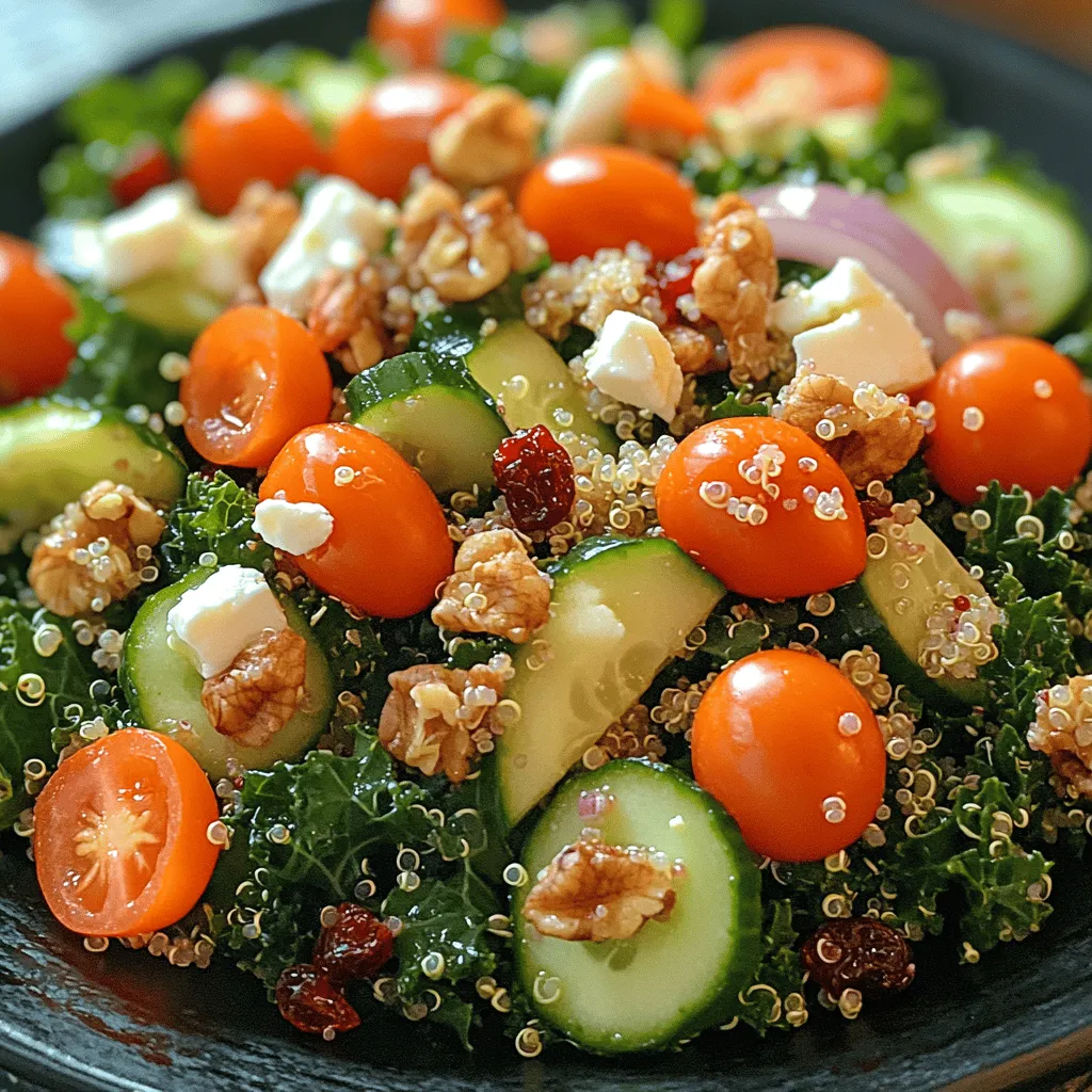 In today's fast-paced world, finding meals that are both nutritious and satisfying can be a challenge. The Vibrant Kale & Quinoa Salad Delight offers a perfect solution, providing a burst of flavor and a wealth of health benefits in every bite. This salad combines the superfood qualities of kale and quinoa with a colorful medley of fresh vegetables, all brought together by a zesty dressing. It’s not just a meal; it's a celebration of health and taste that can effortlessly fit into various dining occasions. Whether you're looking for a light lunch, a side dish for dinner, or a potluck contribution, this recipe is sure to impress both your taste buds and those of your guests.