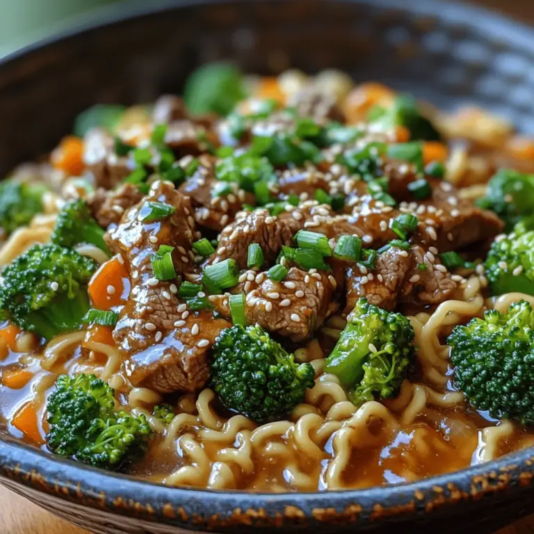 Sizzling Beef & Broccoli Ramen Stir Fry is a delightful culinary creation that marries two beloved dishes: the savory, umami-rich ramen and the classic stir-fry. This recipe captures the essence of Asian cuisine with its vibrant colors and tantalizing flavors, making it an appealing choice for dinner gatherings or a cozy weeknight meal. The contrast between the tender beef, crisp broccoli, and chewy ramen noodles not only creates a feast for the eyes but also satisfies the palate in a way that few dishes can.