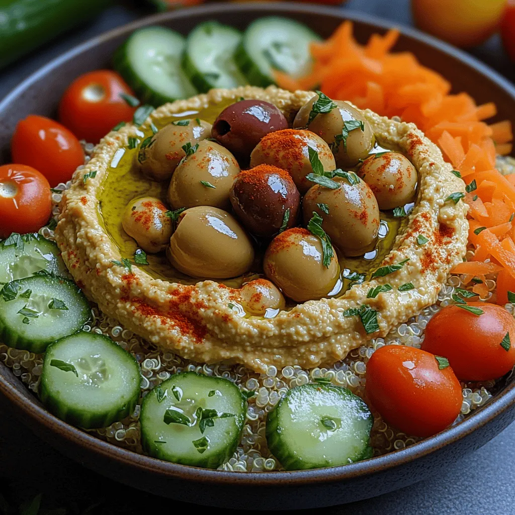Hummus has earned its place as a staple in many kitchens around the world, celebrated for its versatility and nutritional benefits. This creamy, savory spread made primarily from chickpeas is more than just a dip; it's a canvas for flavors, a protein-packed addition to meals, and a healthy alternative to heavier spreads. Among the myriad of hummus variations, <strong>roasted garlic hummus</strong> stands out for its rich, aromatic flavor profile that elevates this classic dish to new heights.” /></p>
</p>
<h3>Suggestions for Seasoning Adjustments Based on Personal Preference</h3>
</p>
<p>One of the best aspects of roasted garlic hummus bowls is their versatility. While the base recipe provides a delightful balance of flavors, you can easily adjust seasonings to suit your taste. Here are some ideas:</p>
</p>
<p>1. <strong>Herbs and Spices</strong>: Fresh herbs like parsley, cilantro, or basil can elevate the dish. A sprinkle of smoked paprika or cayenne pepper adds a hint of warmth and complexity. For a Mediterranean flavor, consider adding oregano or thyme.</p>
</p>
<p>2. <strong>Citrus Zest</strong>: A bit of lemon or lime zest can brighten the flavors of your hummus. If you prefer a sweeter touch, try a hint of orange zest.</p>
</p>
<p>3. <strong>Heat</strong>: If you enjoy spicy food, adding a dash of sriracha or a pinch of red chili flakes can give your hummus a delightful kick. Alternatively, for a milder version, reduce the garlic quantity or opt for roasted garlic instead.</p>
</p>
<p>4. <strong>Texture</strong>: For a creamier hummus, increase the tahini or olive oil. If you prefer a chunkier texture, you can blend less or fold in some whole chickpeas after blending.</p>
</p>
<p>The beauty of this recipe lies in its adaptability. Feel free to experiment with these seasoning options until you find the perfect blend that excites your palate.</p>
</p>
<h3>Cooking Quinoa or Brown Rice</h3>
</p>
<p>When it comes to the base for your hummus bowls, quinoa and brown rice are both excellent choices. Each grain has its own unique nutritional profile and cooking method, making them suitable for various dietary needs.</p>
</p>
<h4>Nutritional Differences</h4>
</p>
<p>– <strong>Quinoa</strong>: This ancient grain is a complete protein, meaning it contains all nine essential amino acids, making it a fantastic option for vegans and vegetarians. Quinoa is also higher in fiber and lower on the glycemic index compared to brown rice, which can be beneficial for blood sugar control.</p>
</p>
<p>– <strong>Brown Rice</strong>: While not a complete protein, brown rice is still a nutritious whole grain. It is rich in manganese, selenium, and provides a good source of carbohydrates for energy. Brown rice has a slightly nuttier flavor and chewier texture than quinoa, which can add depth to your bowls.</p>
</p>
<h4>Cooking Instructions</h4>
</p>
<p><strong>Cooking Quinoa</strong>:</p>
<p>1. Rinse 1 cup of quinoa under cold water to remove its natural coating, called saponin, which can taste bitter.</p>
<p>2. In a medium saucepan, combine the rinsed quinoa with 2 cups of water and a pinch of salt.</p>
<p>3. Bring the mixture to a boil over medium-high heat. Once boiling, reduce the heat to low, cover, and let it simmer for about 15 minutes or until the water is absorbed.</p>
<p>4. Remove from heat and let it sit for 5 minutes, then fluff with a fork. This will give you light, fluffy quinoa, perfect for your hummus bowls.</p>
</p>
<p><strong>Cooking Brown Rice</strong>:</p>
<p>1. Rinse 1 cup of brown rice under cold water to remove excess starch.</p>
<p>2. Combine the rinsed rice with 2.5 cups of water and a pinch of salt in a saucepan.</p>
<p>3. Bring to a boil, then reduce the heat to low, cover, and simmer for 40-45 minutes or until the water is absorbed.</p>
<p>4. Allow it to rest for 10 minutes off the heat, then fluff with a fork. Cooking brown rice longer provides a softer texture, which complements the creaminess of the hummus.</p>
</p>
<p>Both grains can be made in advance, making them great options for meal prep. They provide a nutritious and hearty base that pairs wonderfully with the creamy roasted garlic hummus and vibrant toppings.</p>
</p>
<h3>Assembling the Hummus Bowls</h3>
</p>
<p>Once your roasted garlic hummus and chosen grain are ready, it’s time to assemble your bowls. The key to a stunning and flavorful hummus bowl lies in its presentation and the balance of flavors.</p>
</p>
<h4>Step-by-Step Guide for Assembling the Bowls</h4>
</p>
<p>1. <strong>Start with the Base</strong>: Place a generous scoop of cooked quinoa or brown rice at the bottom of your bowl. This acts as the foundation for your meal and should take up about one-third of the bowl.</p>
</p>
<p>2. <strong>Add the Hummus</strong>: Next, add a generous dollop of roasted garlic hummus on top of the base. Use the back of a spoon to create a well in the center of the hummus, which not only looks appealing but also allows for the addition of toppings.</p>
</p>
<p>3. <strong>Layer in the Toppings</strong>: Choose a variety of colorful toppings that contrast in flavor and texture. Here are some suggestions:</p>
<p>– <strong>Vegetables</strong>: Roasted bell peppers, cherry tomatoes, diced cucumber, or shredded carrots provide freshness and crunch.</p>
<p>– <strong>Proteins</strong>: Add some chickpeas, grilled chicken, or feta cheese for added protein.</p>
<p>– <strong>Nuts and Seeds</strong>: A sprinkle of toasted pine nuts or sunflower seeds can add a delightful crunch.</p>
<p>– <strong>Greens</strong>: Fresh spinach, arugula, or baby kale can introduce a peppery flavor and vibrant color.</p>
</p>
<p>4. <strong>Finish with a Drizzle</strong>: A drizzle of high-quality olive oil or a sprinkle of lemon juice over the top can enhance the flavors and bring the dish together.</p>
</p>
<p>5. <strong>Garnish</strong>: Finally, a sprinkle of fresh herbs or microgreens can add a beautiful finishing touch.</p>
</p>
<h4>Importance of Arrangement</h4>
</p>
<p>Arranging the ingredients in an aesthetically pleasing way not only enhances the visual appeal of your dish but can also elevate the overall eating experience. Each bite should offer a mix of flavors and textures, making each mouthful surprising and delightful. Customizing your bowls based on dietary preferences or seasonal availability allows for a truly personalized dish.</p>
</p>
<h3>Nutritional Information</h3>
</p>
<p>Understanding the nutritional content of your roasted garlic hummus bowls can help you appreciate the health benefits they offer. Here’s a general breakdown per serving (using ½ cup of quinoa, ⅓ cup of hummus, and various vegetables):</p>
</p>
<p>– <strong>Calories</strong>: Approximately 400-500 calories, depending on the toppings.</p>
<p>– <strong>Protein</strong>: 15-20 grams (from quinoa, hummus, and optional toppings).</p>
<p>– <strong>Fiber</strong>: 10-12 grams (from quinoa, chickpeas, and vegetables).</p>
<p>– <strong>Healthy Fats</strong>: 10-15 grams (from tahini in the hummus and olive oil).</p>
<p>– <strong>Vitamins and Minerals</strong>: Rich in Vitamin A, Vitamin C, iron, and magnesium.</p>
</p>
<p>Each component of the bowl contributes to a balanced meal. The combination of healthy fats, fiber, protein, and vitamins ensures that you’re not only satisfied but also nourished.</p>
</p>
<h3>Variations and Customizations</h3>
</p>
<p>To keep your roasted garlic hummus bowls exciting, consider exploring various ingredient options based on dietary preferences or seasonal availability.</p>
</p>
<p>– <strong>Alternative Ingredients</strong>: For a gluten-free option, both quinoa and rice are great choices. If you’re looking for a low-carb alternative, you can substitute grains with spiralized zucchini or cauliflower rice.</p>
</p>
<p>– <strong>Seasonal Vegetables</strong>: Incorporate seasonal produce to keep your bowls fresh and vibrant throughout the year. In spring, try adding asparagus or peas; during summer, opt for grilled corn or zucchini; in autumn, roasted sweet potatoes are a delicious addition; and in winter, root vegetables like beets or parsnips can add warmth and sweetness.</p>
</p>
<p>– <strong>Flavor Variations for Hummus</strong>: Don’t hesitate to experiment with the hummus itself. Consider blending in roasted red peppers for a sweet and smoky twist, or try adding fresh herbs like dill or basil for a refreshing taste. For a spicy kick, blend in some jalapeños or chipotle peppers.</p>
</p>
<h3>Serving Suggestions</h3>
</p>
<p>Roasted garlic hummus bowls are incredibly versatile and can be served in numerous ways, making them perfect for various occasions:</p>
</p>
<p>– <strong>Meal Prep</strong>: These bowls can be prepared in advance and stored in the refrigerator for quick lunches or dinners throughout the week. Just keep the hummus separate until you’re ready to eat to maintain freshness.</p>
</p>
<p>– <strong>Family Dinners</strong>: Serve a large platter of roasted garlic hummus alongside bowls of toppings and grains, allowing everyone to build their own customized bowls. This interactive dining experience is not only fun but encourages creativity.</p>
</p>
<p>– <strong>Gatherings</strong>: For gatherings, consider serving individual bowls or a buffet-style setup. You can pair the hummus bowls with a refreshing beverage like iced tea, lemonade, or even a light white wine, which complements the flavors of the dish beautifully.</p>
</p>
<h3>Conclusion</h3>
</p>
<p>Creating and enjoying roasted garlic hummus bowls is a rewarding culinary experience that is as nutritious as it is delicious. The combination of creamy hummus, hearty grains, and vibrant toppings offers a multitude of flavors, textures, and health benefits that make this dish a staple in any kitchen.</p>
</p>
<p>Whether you choose to stick to the classic ingredients or explore your own variations, these bowls are a testament to the joys of wholesome cooking. They invite you to experiment, be creative, and find satisfaction in preparing meals at home that nourish both body and soul. So gather your favorite ingredients, get cooking, and relish in the delightful experience of crafting your own roasted garlic hummus bowls.</p>
</div>