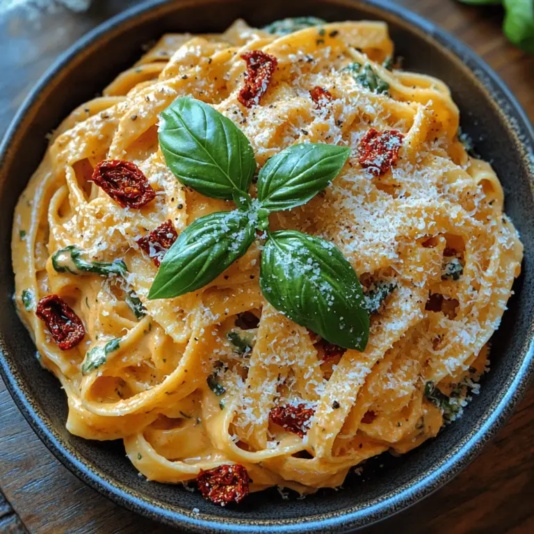 When it comes to pasta, the choice of type can significantly influence the overall experience of the dish. For Creamy Sun-Dried Tomato Pasta, fettuccine is the ideal candidate. This flat, thick noodle is traditionally made from egg and flour, offering a substantial texture that holds up beautifully to rich sauces. The broad surface area of fettuccine allows the creamy sauce to cling perfectly, ensuring that every bite is a delightful mix of flavors and textures. While you can substitute with other pasta types, such as penne or linguine, fettuccine remains the classic choice for this recipe, providing an authentic Italian feel.
