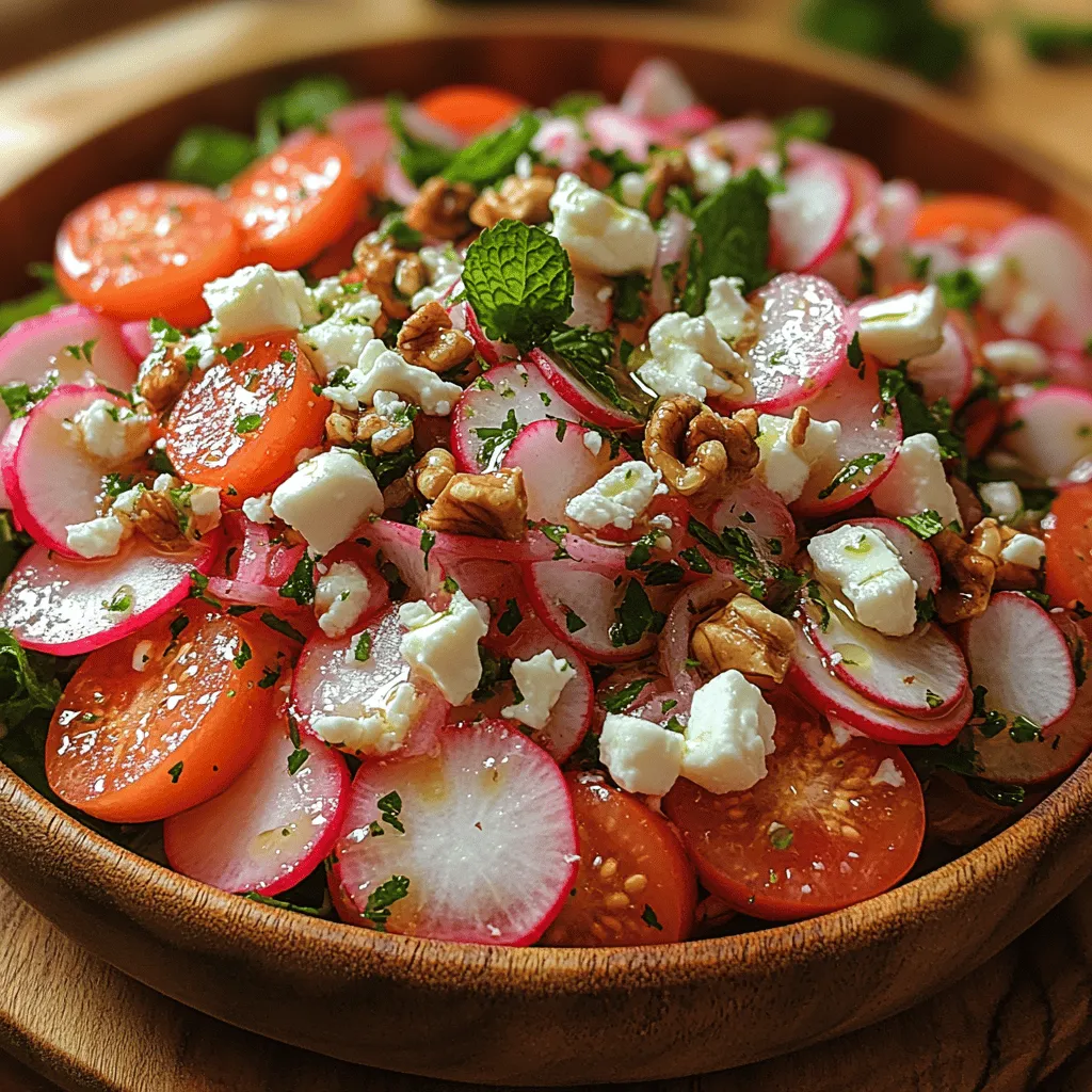 Salads are a quintessential part of any healthy diet, offering a multitude of flavors, textures, and nutritional benefits. Among the myriad of salad options available, the <strong>Refreshing Watermelon Radish Feta Salad</strong> stands out as a vibrant and delightful choice. This salad not only tantalizes the taste buds but also boasts a beautiful array of colors that can brighten up any table. The star of this dish, the watermelon radish, brings a unique flavor profile that is both crisp and mildly sweet, making it a perfect complement to the other fresh ingredients.” /></p>
</p>
<h3>Washing and Slicing Watermelon Radish</h3>
</p>
<p>To prepare the watermelon radish, start by washing it thoroughly under cold running water. This step is crucial to remove any dirt or pesticides that may be present on the skin. Once cleaned, pat the radish dry with a clean cloth or paper towel.</p>
</p>
<p>Next, using a sharp knife, slice off both ends of the radish. This ensures a clean and stable surface for slicing. Depending on your preference, you can slice the radish into thin rounds or julienne it into matchstick shapes. Thin rounds will provide a beautiful presentation, showcasing the striking pink interior of the radish, while julienned pieces will blend more seamlessly into the salad. Aim for uniform thickness to ensure even texture throughout the dish.</p>
</p>
<h3>Combining Mixed Greens and Watermelon Radish</h3>
</p>
<p>In a large salad bowl, combine your choice of mixed greens. A blend of baby spinach, arugula, and mesclun will add a variety of flavors and textures. The peppery notes of arugula contrast beautifully with the crisp sweetness of the watermelon radish.</p>
</p>
<p>Once you have the mixed greens in the bowl, add the sliced watermelon radish. Gently toss the greens and radish together using your hands or salad tongs. This step is vital, as it allows the flavors to start mingling while ensuring that the radish is evenly distributed among the greens.</p>
</p>
<h3>Incorporating Cherry Tomatoes and Red Onion</h3>
</p>
<p>Next, it’s time to add the cherry tomatoes and red onion to the salad mix. Halve the cherry tomatoes to release their juicy flavor, and scatter them over the greens and radish. The vibrant red color of the tomatoes enhances the visual appeal of your salad while introducing a burst of sweetness.</p>
</p>
<p>For the red onion, slice it thinly to avoid overpowering the dish with its sharpness. You can choose to soak the sliced onion in cold water for about 10 minutes to mellow its flavor before adding it to the salad. This technique reduces the pungency and makes the onion more palatable. Scatter the onions over the top of the salad, and give everything a gentle toss to ensure even distribution.</p>
</p>
<h3>Crafting the Dressing: Ingredients and Method</h3>
</p>
<p>A well-crafted dressing can elevate your watermelon radish feta salad to new heights. For this recipe, you will need the following ingredients:</p>
</p>
<p>– 3 tablespoons of extra virgin olive oil</p>
<p>– 1 tablespoon of balsamic vinegar (or apple cider vinegar for a lighter option)</p>
<p>– 1 teaspoon of Dijon mustard</p>
<p>– 1 teaspoon of honey or maple syrup (optional for vegan)</p>
<p>– Salt and black pepper to taste</p>
</p>
<p>To make the dressing, start by whisking the olive oil and vinegar together in a small bowl. Add in the Dijon mustard and honey or maple syrup (if using) and continue to whisk until the mixture is well combined. Season with salt and black pepper to taste. The dressing should be tangy yet balanced, complementing the fresh and crisp ingredients in the salad.</p>
</p>
<h3>Final Assembly of the Salad: Combining All Elements</h3>
</p>
<p>Now that all components are prepared, it’s time for the final assembly of your salad. In the large bowl with the mixed greens, watermelon radish, cherry tomatoes, and red onion, crumble in the feta cheese. The creamy and salty flavor of the feta will add a delightful contrast to the freshness of the vegetables.</p>
</p>
<p>Drizzle the dressing over the salad, reserving a small amount for serving if desired. Use tongs or a large spoon to gently toss everything together, ensuring that the dressing coats all the ingredients without bruising the greens. Make sure the feta cheese is evenly distributed throughout the salad.</p>
</p>
<p>Once combined, transfer the salad to a serving platter or bowls. For an added touch, you can garnish the top with a sprinkle of freshly cracked black pepper and a few extra crumbles of feta.</p>
</p>
<h3>Serving Suggestions: Presentation Tips for an Appealing Dish</h3>
</p>
<p>Presentation plays a vital role in making your salad visually appealing. Here are some tips to enhance the aesthetic and flavor experience:</p>
</p>
<p>1. <strong>Layering:</strong> Consider layering the ingredients in a bowl rather than mixing them all together. Start with the mixed greens at the bottom, followed by layers of watermelon radish, cherry tomatoes, and red onion, finishing with the feta on top. This not only looks beautiful but also allows guests to see the vibrant colors.</p>
</p>
<p>2. <strong>Garnishes:</strong> Add fresh herbs like basil or mint on top for additional color and flavor. A sprinkle of toasted nuts or seeds can add a crunchy texture that contrasts nicely with the creamy feta.</p>
</p>
<p>3. <strong>Serving Style:</strong> For a casual gathering, serve the salad in a large bowl and let guests help themselves. For a more formal occasion, consider plating individual servings, which allows for a more refined presentation.</p>
</p>
<h3>Nutritional Analysis</h3>
</p>
<p>This refreshing watermelon radish feta salad is not only delicious but also packed with nutrition. Each serving contains approximately:</p>
</p>
<p>– Calories: 150</p>
<p>– Protein: 5g</p>
<p>– Carbohydrates: 12g</p>
<p>– Dietary Fiber: 3g</p>
<p>– Fat: 10g</p>
</p>
<p>The primary ingredients bring a wealth of health benefits:</p>
</p>
<p>– <strong>Watermelon Radish:</strong> Low in calories and high in antioxidants, watermelon radish supports immune function and promotes healthy skin.</p>
<p>– <strong>Mixed Greens:</strong> Rich in vitamins A, C, and K, mixed greens are excellent for bone health and skin rejuvenation.</p>
<p>– <strong>Feta Cheese:</strong> Contains calcium and protein, contributing to bone health.</p>
<p>– <strong>Cherry Tomatoes:</strong> Packed with lycopene, which has been linked to heart health and reducing cancer risk.</p>
</p>
<p>This salad is suitable for both vegan and vegetarian diets based on the choice of cheese. For a vegan option, simply omit the feta or substitute it with a plant-based cheese.</p>
</p>
<h3>Culinary Pairings</h3>
</p>
<p>The watermelon radish feta salad is versatile and pairs well with a variety of dishes. Here are some suggestions:</p>
</p>
<p>– <strong>Main Dishes:</strong> This salad complements grilled chicken, fish, or tofu beautifully. The freshness of the salad balances the richness of grilled meats.</p>
<p>– <strong>Occasions:</strong> Ideal for summer picnics, barbecues, or as a light lunch option. It can also be served as a refreshing side dish during holiday gatherings.</p>
<p>– <strong>Beverages:</strong> Pair the salad with a crisp white wine, such as Sauvignon Blanc, or a light sparkling water with a slice of lemon to enhance the refreshing qualities of the dish.</p>
</p>
<h3>Variations and Substitutions</h3>
</p>
<p>Feel free to customize this salad to suit your taste preferences or dietary restrictions. Here are some ideas:</p>
</p>
<p>– <strong>Alternative Ingredients:</strong> Swap watermelon radish with regular radish or cucumber for a different crunch. You can also replace feta cheese with goat cheese or a dairy-free alternative for vegan diets.</p>
<p>– <strong>Creative Variations:</strong> Add fruits like sliced strawberries or oranges for a sweet contrast. Incorporating grains such as quinoa or farro can make the salad heartier and more filling.</p>
<p>– <strong>Seasonal Adaptations:</strong> Use other vegetables or herbs based on the season. In the fall, consider adding roasted butternut squash or Brussels sprouts. In the spring, fresh peas or asparagus can bring a delightful crunch.</p>
</p>
<h3>Conclusion</h3>
</p>
<p>The refreshing watermelon radish feta salad is a vibrant and nutritious dish that brightens up any meal. With its combination of crisp greens, crunchy radish, and creamy feta, this salad is not only a feast for the eyes but also a celebration of fresh ingredients.</p>
</p>
<p>Experimenting with fresh, seasonal ingredients can lead to delicious discoveries in your kitchen. Whether enjoyed on a warm summer day or as a side dish during a hearty winter meal, this salad offers a delightful way to nourish the body while tantalizing the palate. Embrace the joy of creating colorful, flavorful dishes that reflect your culinary creativity, and let this salad inspire you to explore the myriad of flavors that nature has to offer.</p>
</div>