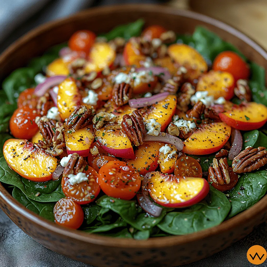 Fresh salads have long been regarded as a cornerstone of healthy eating, offering a medley of flavors, colors, and textures that not only nourish the body but also tantalize the taste buds. Among the myriad of salad options available, the Peachy Spinach Delight Salad stands out as a delightful fusion of fresh ingredients that perfectly balances sweetness, creaminess, and crunch. This salad not only satisfies your palate but also provides a wealth of health benefits, making it an ideal choice for a light lunch or a vibrant side dish.