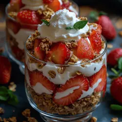 The Strawberry Cream Parfait is a delightful dessert that perfectly balances the sweetness of strawberries with the rich creaminess of whipped cream, making it an irresistible treat for any occasion. Its charming layered presentation not only makes it visually appealing but also allows for a symphony of flavors and textures with each spoonful. This dish is incredibly versatile, serving as a refreshing breakfast option, a light dessert, or even a stunning addition to a brunch spread.