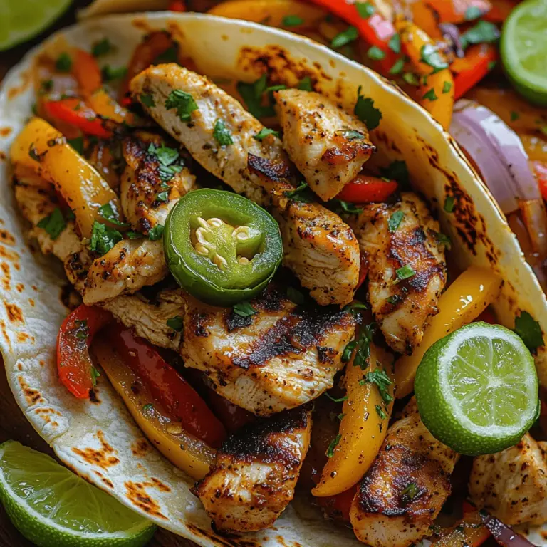 Fiery Jalapeño Lime Chicken Fajitas are a vibrant and flavorful dish that brings the essence of Tex-Mex cuisine straight to your kitchen. Known for their bold flavors and colorful presentation, these fajitas make for a perfect weeknight dinner or a festive gathering with friends and family. The combination of marinated chicken, sliced peppers, and zesty jalapeños creates a dish that is not only delicious but also incredibly versatile. Whether served with warm tortillas or atop a fresh salad, this recipe is sure to impress.