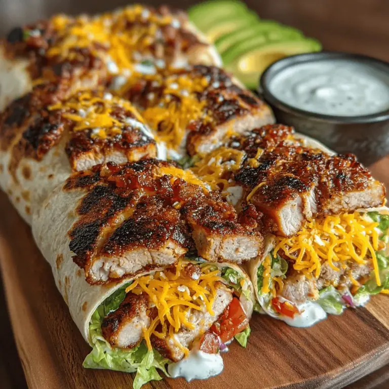 Grilled Chicken Bacon Ranch Wraps offer a delightful combination of flavors and textures that make them an irresistible choice for any meal. This easy-to-make dish is perfect for those busy weeknights when you want something quick yet satisfying, as well as for casual gatherings or picnics where you want to impress without spending hours in the kitchen. The marriage of tender, juicy grilled chicken with crispy bacon, fresh vegetables, and creamy ranch dressing wrapped in a soft tortilla creates a mouthwatering experience that is both convenient and delicious.