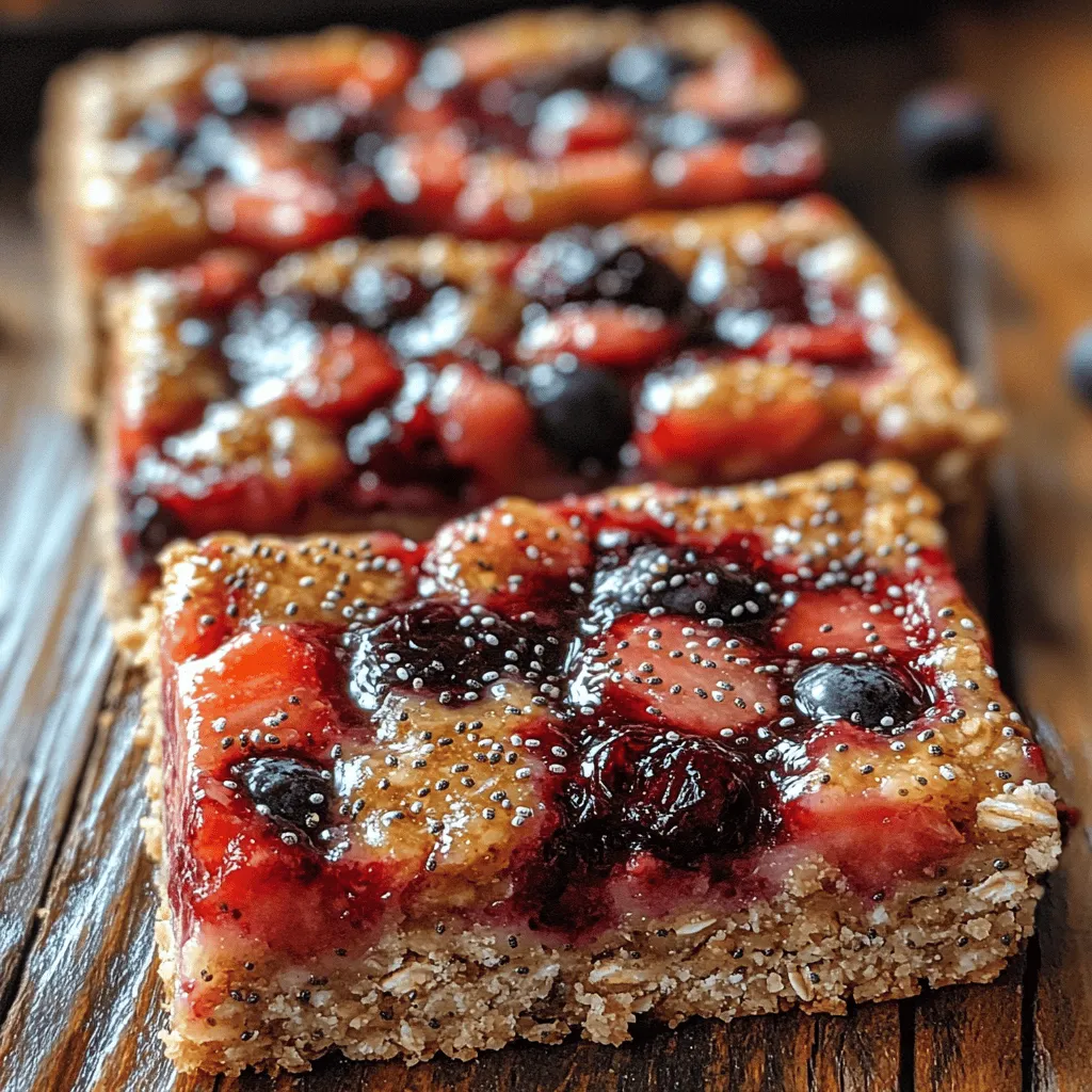 1. <strong>Fresh Berries</strong>: Choose a mix of strawberries, blueberries, raspberries, or whatever is in season. Aim for about 2 cups total. 2. <strong>Chia Seeds</strong>: These tiny seeds are the foundation of the jam, providing texture and nutritional benefits. 3. <strong>Oats</strong>: Rolled oats are perfect for the crust and for adding a chewy texture to the bars. 4. <strong>Almond Flour</strong>: This adds a nutty flavor and helps bind the ingredients. 5. <strong>Honey or Maple Syrup</strong>: Use this as a natural sweetener to enhance the flavor of your bars. 6. <strong>Coconut Oil</strong>: This helps to bind the crust while adding richness. 7. <strong>Salt</strong>: A pinch of salt enhances the overall flavor profile.” /></p>
</p>
<h3>Garnishing Ideas</h3>
</p>
<p>Garnishing can elevate your Berry Burst Chia Jam Bars from simple to stunning. Here are some delightful ideas to enhance the presentation and flavor:</p>
</p>
<p>1. <strong>Fresh Berries</strong>: Top each bar with a handful of fresh strawberries, blueberries, or raspberries. Not only does this add a pop of color, but it also complements the berry flavors in the jam.</p>
</p>
<p>2. <strong>Mint Leaves</strong>: A sprinkle of fresh mint leaves can add a refreshing touch. The aromatic quality of mint pairs beautifully with the sweetness of the jam.</p>
</p>
<p>3. <strong>Drizzle of Honey or Maple Syrup</strong>: A light drizzle of honey or maple syrup can enhance sweetness and add a glossy finish to your bars.</p>
</p>
<p>4. <strong>Coconut Flakes</strong>: Toasted coconut flakes can provide a crunchy texture and a hint of tropical flavor that harmonizes with the berries.</p>
</p>
<p>5. <strong>Nut Butter Swirl</strong>: A swirl of almond or peanut butter on top of the bars not only adds visual appeal but also a nutty flavor that contrasts nicely with the fruitiness.</p>
</p>
<p>6. <strong>Powdered Sugar</strong>: For a classic touch, dust a light coating of powdered sugar over the bars just before serving. This creates a lovely visual effect and adds a hint of sweetness.</p>
</p>
<h3>Nutritional Information</h3>
</p>
<p>Understanding the nutritional profile of your Berry Burst Chia Jam Bars can help you appreciate their health benefits. Here’s a breakdown of the calories and key nutrients per serving (assuming the recipe yields 12 bars):</p>
</p>
<p>– <strong>Calories</strong>: Approximately 150 calories per bar</p>
<p>– <strong>Total Fat</strong>: 7g</p>
<p>– <strong>Saturated Fat</strong>: 1g</p>
<p>– <strong>Carbohydrates</strong>: 21g</p>
<p>– <strong>Dietary Fiber</strong>: 4g</p>
<p>– <strong>Sugars</strong>: 8g</p>
<p>– <strong>Protein</strong>: 3g</p>
</p>
<h4>Key Nutritional Values</h4>
</p>
<p>– <strong>Fats</strong>: The healthy fats in this recipe primarily come from the nut butter and chia seeds, which are great for heart health.</p>
<p>– <strong>Carbohydrates</strong>: The bars offer complex carbohydrates from oats and fruits, providing sustained energy.</p>
<p>– <strong>Proteins</strong>: While not a high-protein snack, the combination of chia seeds and nut butter adds a good source of plant-based protein.</p>
</p>
<h4>Health Benefits of the Main Ingredients</h4>
</p>
<p>1. <strong>Chia Seeds</strong>: Packed with omega-3 fatty acids, fiber, and protein, chia seeds support heart health, digestion, and can help regulate blood sugar levels.</p>
</p>
<p>2. <strong>Berries</strong>: Rich in antioxidants and vitamins, berries are known for their anti-inflammatory properties and can aid in boosting immunity.</p>
</p>
<p>3. <strong>Oats</strong>: A great source of soluble fiber, oats can help lower cholesterol levels and improve heart health.</p>
</p>
<p>4. <strong>Nut Butter</strong>: Provides healthy fats and protein, contributing to a feeling of fullness and satisfaction.</p>
</p>
<h3>Variations of the Recipe</h3>
</p>
<p>To cater to various dietary preferences and enhance the versatility of your Berry Burst Chia Jam Bars, consider these variations:</p>
</p>
<h4>Alternative Ingredients for Dietary Preferences</h4>
</p>
<p>– <strong>Vegan</strong>: Ensure the nut butter and sweeteners used are plant-based. Replace honey with maple syrup or agave nectar.</p>
<p>– <strong>Gluten-Free</strong>: Use gluten-free oats and ensure all ingredients are certified gluten-free, especially if you are sensitive to cross-contamination.</p>
</p>
<h4>Regional Variations and Their Significance</h4>
</p>
<p>– <strong>European Influence</strong>: In some European countries, similar recipes may incorporate local berries like blackcurrants or bilberries, reflecting regional agricultural practices and flavor profiles.</p>
<p>– <strong>Tropical Touch</strong>: In tropical regions, substituting berries with mango, pineapple, or passion fruit can create a refreshing take on the bars, adding unique flavors and textures.</p>
</p>
<h4>Creative Twists to Enhance the Flavor</h4>
</p>
<p>– <strong>Spices</strong>: Add cinnamon or nutmeg to the oat mixture for a warm, aromatic flavor.</p>
<p>– <strong>Zest</strong>: A hint of lemon or lime zest can brighten the berry flavors and add a zingy contrast.</p>
<p>– <strong>Chocolate</strong>: Swirling in melted dark chocolate or adding chocolate chips can make for a decadent version of the bars.</p>
</p>
<h3>Common Mistakes to Avoid</h3>
</p>
<p>When making Berry Burst Chia Jam Bars, being aware of common pitfalls can lead to better results:</p>
</p>
<p>1. <strong>Incorrect Chia Seed Ratio</strong>: Using too few chia seeds can result in a runny jam. Ensure you follow the recommended ratio for the right consistency.</p>
</p>
<p>2. <strong>Overmixing the Dough</strong>: When combining the oat and nut butter mixture, avoid overmixing, which can lead to dense bars. Mix just until combined.</p>
</p>
<p>3. <strong>Not Allowing Enough Cooling Time</strong>: Skipping the cooling time can lead to crumbly bars. Ensure they’re fully set before cutting.</p>
</p>
<h4>Troubleshooting Common Issues</h4>
</p>
<p>– <strong>Too Crumbly</strong>: If your bars are crumbly, they may need more binding agent. Add a bit more nut butter or a splash of almond milk to the mixture.</p>
<p>– <strong>Jam Not Setting</strong>: If the chia jam isn’t thickening, let it sit longer or add a bit more chia seed and stir.</p>
</p>
<h3>Tips for Achieving the Best Results</h3>
</p>
<p>– <strong>Use Fresh Ingredients</strong>: Fresh berries will yield the best flavors. If using frozen, thaw and drain them well before use.</p>
<p>– <strong>Chill Before Cutting</strong>: For clean cuts, refrigerate the bars for a few hours before slicing them into squares or rectangles.</p>
<p>– <strong>Store Properly</strong>: To maintain freshness, store bars in an airtight container in the refrigerator. They can last up to a week.</p>
</p>
<h3>Serving Suggestions</h3>
</p>
<p>Berry Burst Chia Jam Bars are versatile and can be enjoyed in various ways. Consider these serving suggestions to enhance your experience:</p>
</p>
<h4>Ideal Side Dishes to Complement</h4>
</p>
<p>– <strong>Yogurt Parfait</strong>: Serve alongside a bowl of Greek yogurt topped with additional fresh berries and a sprinkle of granola for a balanced breakfast or snack.</p>
<p>– <strong>Salad</strong>: Pair them with a light salad featuring mixed greens, feta cheese, and a raspberry vinaigrette for a refreshing lunch.</p>
</p>
<h4>Beverage Pairings</h4>
</p>
<p>– <strong>Herbal Tea or Infused Water</strong>: A warm cup of herbal tea complements the sweetness of the bars, while infused water with mint and lime adds a refreshing twist.</p>
<p>– <strong>Smoothies</strong>: Blend a berry smoothie with spinach and banana for a nutritious drink that complements the flavors of the bars.</p>
</p>
<h4>Seasonal Serving Ideas</h4>
</p>
<p>– <strong>Summer Picnics</strong>: These bars are perfect for summer outings. Pack them with some fresh fruits and beverages for a wholesome picnic.</p>
<p>– <strong>Holiday Treats</strong>: Dress them up with festive garnishes for holiday gatherings, making them a delightful addition to dessert tables.</p>
</p>
<h3>Cultural Context</h3>
</p>
<p>Understanding the cultural significance of Berry Burst Chia Jam Bars can deepen your appreciation for this dish:</p>
</p>
<h4>Historical Background of the Dish</h4>
</p>
<p>Chia seeds have been a staple in traditional diets of Central America for centuries, revered by the Aztecs and Mayans for their nutritional benefits. The combination of fruits and seeds reflects a long-standing practice of harnessing nature’s bounty for health and sustenance.</p>
</p>
<h4>Significance in Different Cultures</h4>
</p>
<p>Throughout various cultures, the use of seeds and fruits in bars and snacks has been integral to culinary traditions. In many societies, these types of snacks are not only enjoyed but also symbolize resourcefulness and the celebration of harvest.</p>
</p>
<h4>Personal Anecdotes or Stories Related to the Dish</h4>
</p>
<p>For many, preparing Berry Burst Chia Jam Bars can evoke memories of family gatherings, summer picnics, or a commitment to healthier living. Sharing these personal stories can enrich the experience of making and enjoying the bars.</p>
</p>
<h3>Conclusion</h3>
</p>
<p>Berry Burst Chia Jam Bars are not only a delicious and nutritious treat but also a versatile recipe that can be adapted to fit various dietary needs and personal tastes. With their vibrant colors, delightful flavors, and numerous health benefits, these bars are perfect for any occasion—be it a quick breakfast, a satisfying snack, or a sweet treat at a gathering.</p>
</p>
<p>Making these bars offers a rewarding experience that allows you to experiment with flavors and share the joy of healthy eating with family and friends. Whether you stick to the classic recipe or explore the myriad of variations, we invite you to enjoy this delightful dish and make it your own. Happy baking!</p>
</div>