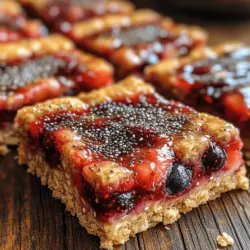1. Fresh Berries: Choose a mix of strawberries, blueberries, raspberries, or whatever is in season. Aim for about 2 cups total. 2. Chia Seeds: These tiny seeds are the foundation of the jam, providing texture and nutritional benefits. 3. Oats: Rolled oats are perfect for the crust and for adding a chewy texture to the bars. 4. Almond Flour: This adds a nutty flavor and helps bind the ingredients. 5. Honey or Maple Syrup: Use this as a natural sweetener to enhance the flavor of your bars. 6. Coconut Oil: This helps to bind the crust while adding richness. 7. Salt: A pinch of salt enhances the overall flavor profile.