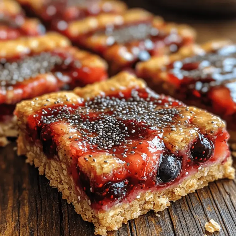 1. Fresh Berries: Choose a mix of strawberries, blueberries, raspberries, or whatever is in season. Aim for about 2 cups total. 2. Chia Seeds: These tiny seeds are the foundation of the jam, providing texture and nutritional benefits. 3. Oats: Rolled oats are perfect for the crust and for adding a chewy texture to the bars. 4. Almond Flour: This adds a nutty flavor and helps bind the ingredients. 5. Honey or Maple Syrup: Use this as a natural sweetener to enhance the flavor of your bars. 6. Coconut Oil: This helps to bind the crust while adding richness. 7. Salt: A pinch of salt enhances the overall flavor profile.