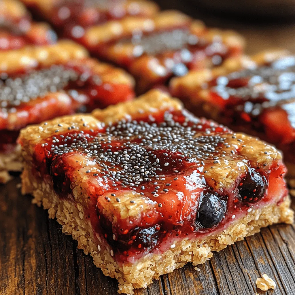 1. Fresh Berries: Choose a mix of strawberries, blueberries, raspberries, or whatever is in season. Aim for about 2 cups total. 2. Chia Seeds: These tiny seeds are the foundation of the jam, providing texture and nutritional benefits. 3. Oats: Rolled oats are perfect for the crust and for adding a chewy texture to the bars. 4. Almond Flour: This adds a nutty flavor and helps bind the ingredients. 5. Honey or Maple Syrup: Use this as a natural sweetener to enhance the flavor of your bars. 6. Coconut Oil: This helps to bind the crust while adding richness. 7. Salt: A pinch of salt enhances the overall flavor profile.