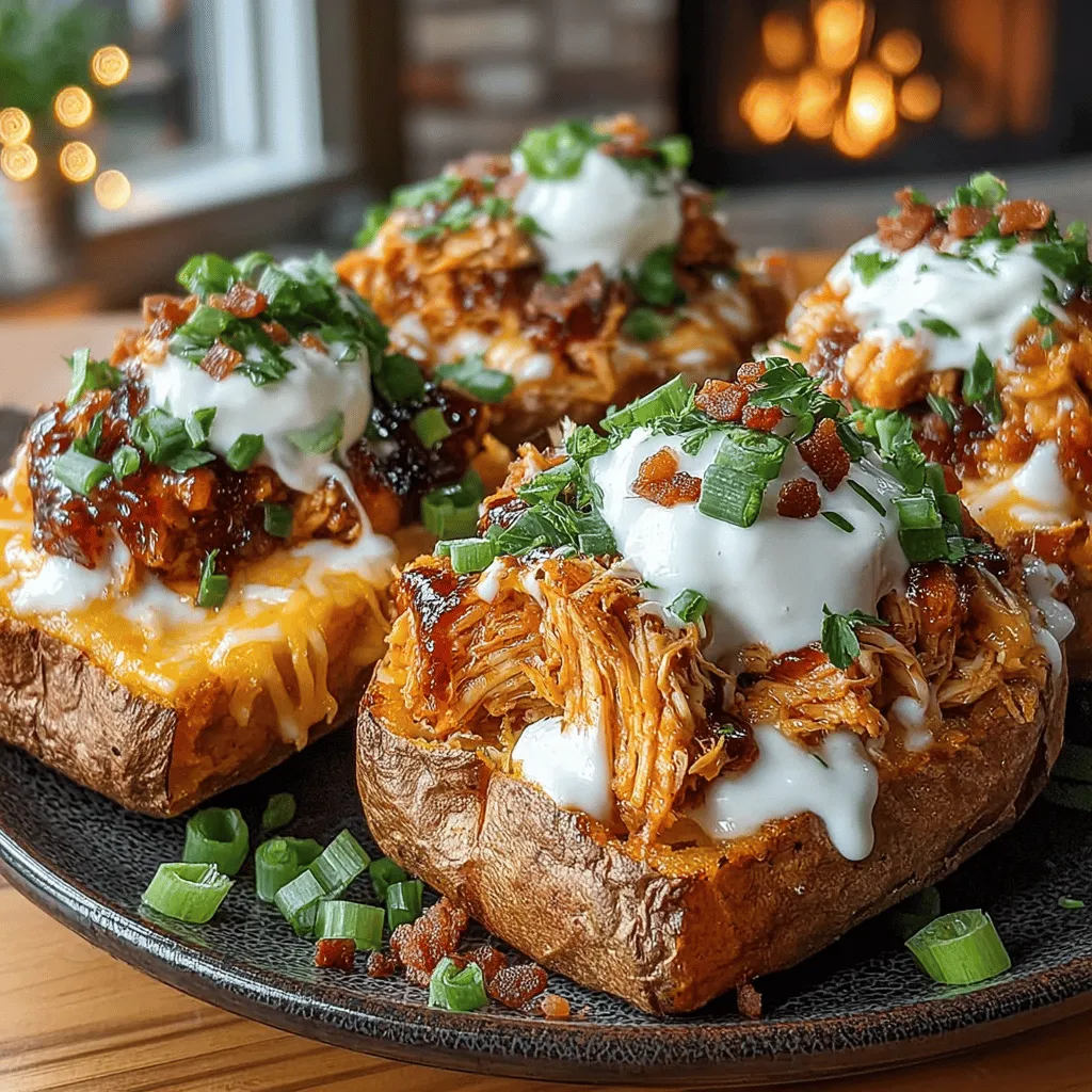<strong>Introduction</strong>” /></p>
</p>
<h2>Preparing the Chicken: How to Choose and Prepare Chicken for the Best Results</h2>
</p>
<p>Selecting the right chicken is crucial for achieving tender, flavorful Loaded BBQ Chicken Sweet Potato Skins. Here are some tips to ensure you choose and prepare the best chicken for this dish:</p>
</p>
<p>1. <strong>Cut of Chicken</strong>: Opt for boneless, skinless chicken breasts or thighs. Chicken thighs tend to be juicier and more flavorful, making them an excellent choice, especially for BBQ recipes. If you prefer breasts, ensure they are organic or free-range for better taste and quality.</p>
</p>
<p>2. <strong>Marinating</strong>: Before cooking, marinate the chicken to infuse it with flavor. A simple marinade of BBQ sauce, garlic powder, onion powder, and a splash of apple cider vinegar can elevate the taste. Allow the chicken to marinate for at least 30 minutes, or up to overnight for maximum flavor absorption.</p>
</p>
<p>3. <strong>Cooking Method</strong>: Grill or bake the chicken for optimal results. Grilling adds a smoky flavor that complements the BBQ essence, while baking ensures even cooking. Cook until the internal temperature reaches 165°F (75°C) to ensure safety and juiciness.</p>
</p>
<p>4. <strong>Shredding</strong>: Once cooked, let the chicken rest for a few minutes before shredding it with two forks. This technique helps retain moisture, making the chicken tender and easy to mix with the BBQ sauce.</p>
</p>
<h2>Scooping the Sweet Potatoes: Techniques for Safely and Effectively Hollowing Out the Sweet Potatoes</h2>
</p>
<p>Hollowing out sweet potatoes requires a gentle touch to avoid breaking the skins. Here’s how to do it safely and effectively:</p>
</p>
<p>1. <strong>Cooking the Sweet Potatoes</strong>: Start by baking the sweet potatoes at 400°F (200°C) for 45-60 minutes, or until they are soft to the touch. This method allows the natural sugars to caramelize, enhancing their flavor.</p>
</p>
<p>2. <strong>Cooling</strong>: Let the sweet potatoes cool for about 10-15 minutes until they are manageable to handle. This cooling period also makes them easier to scoop without burning your hands.</p>
</p>
<p>3. <strong>Cutting and Scooping</strong>: Using a sharp knife, slice the sweet potatoes in half lengthwise. Use a spoon to carefully scoop out the flesh, leaving about a quarter-inch border on the skin to maintain stability. Be gentle to prevent tearing the skins.</p>
</p>
<p>4. <strong>Using the Flesh</strong>: Reserve the scooped-out sweet potato flesh for other uses, like adding to mashed sweet potatoes or incorporating into smoothies for extra nutrition.</p>
</p>
<h2>Assembling the Skins: Best Practices for Layering Flavors and Ensuring Stability</h2>
</p>
<p>Once your sweet potatoes are prepared and your chicken is ready, it’s time to assemble the Loaded BBQ Chicken Sweet Potato Skins:</p>
</p>
<p>1. <strong>Layering Ingredients</strong>: Start by placing a thin layer of BBQ sauce at the bottom of each sweet potato skin. This will keep the chicken from drying out and adds an extra burst of flavor.</p>
</p>
<p>2. <strong>Filling with Chicken</strong>: Spoon the shredded BBQ chicken into each skin, distributing it evenly. Ensure that each skin receives a generous portion to maximize flavor in every bite.</p>
</p>
<p>3. <strong>Adding Sweet Potato Flesh</strong>: Mix some of the reserved sweet potato flesh with the chicken for added creaminess. This not only enhances flavor but also ensures the filling adheres better within the skins.</p>
</p>
<p>4. <strong>Cheese Placement</strong>: After the chicken and sweet potato mixture, sprinkle a generous amount of cheese. This will melt beautifully, creating a deliciously gooey texture.</p>
</p>
<h2>Adding Cheese: Recommendations for Cheese Varieties that Complement BBQ Flavors</h2>
</p>
<p>The choice of cheese can significantly influence the flavor profile of your Loaded BBQ Chicken Sweet Potato Skins. Here are some cheese recommendations that pair well with BBQ:</p>
</p>
<p>1. <strong>Cheddar Cheese</strong>: A classic choice, sharp cheddar adds a bold flavor that complements the sweetness of the potatoes and the smokiness of the BBQ chicken.</p>
</p>
<p>2. <strong>Monterey Jack</strong>: This cheese melts beautifully and has a mild flavor, making it an excellent base cheese to mix with sharper varieties.</p>
</p>
<p>3. <strong>Pepper Jack</strong>: For those who enjoy a kick, pepper jack cheese offers a spicy twist that enhances the overall flavor without overwhelming the dish.</p>
</p>
<p>4. <strong>Cream Cheese</strong>: For a creamy texture, consider adding a dollop of cream cheese to the filling before baking. It pairs well with the sweetness of the sweet potatoes and adds richness.</p>
</p>
<h2>Final Bake: Timing and Visual Cues for Knowing When the Dish is Ready</h2>
</p>
<p>Baking your Loaded BBQ Chicken Sweet Potato Skins is the final step before indulging in this delicious dish. Here’s how to ensure perfect results:</p>
</p>
<p>1. <strong>Preheat the Oven</strong>: Set your oven to 375°F (190°C) to ensure even cooking.</p>
</p>
<p>2. <strong>Baking Time</strong>: Place the filled sweet potato skins on a baking sheet and bake for about 15-20 minutes. You want the cheese to be melted and bubbly, and the skins should be heated through.</p>
</p>
<p>3. <strong>Visual Cues</strong>: Look for a golden-brown color on the cheese and slightly crispy edges on the skins. If the cheese isn’t browning, you can broil the skins for an additional 1-2 minutes, but keep a close eye to avoid burning.</p>
</p>
<h2>Garnishing: Enhancing Presentation and Flavor With Garnishes Like Sour Cream and Green Onions</h2>
</p>
<p>Garnishing not only elevates the presentation of your Loaded BBQ Chicken Sweet Potato Skins but also adds layers of flavor. Here are some garnishing ideas:</p>
</p>
<p>1. <strong>Sour Cream</strong>: A dollop of sour cream on top of each skin adds a creamy tang that balances the richness of the cheese and BBQ. You can also use Greek yogurt for a healthier alternative.</p>
</p>
<p>2. <strong>Green Onions</strong>: Chopped green onions bring a fresh crunch and a burst of color. Scatter them generously over the top just before serving.</p>
</p>
<p>3. <strong>Fresh Cilantro or Parsley</strong>: For added freshness, consider a sprinkle of chopped cilantro or parsley. This enhances the visual appeal and complements the BBQ flavor well.</p>
</p>
<p>4. <strong>Hot Sauce</strong>: For those who enjoy a bit of heat, offer hot sauce as an optional garnish. A drizzle over the top can kick up the flavor profile.</p>
</p>
<h2>Serving Suggestions</h2>
</p>
<p>When it comes to serving Loaded BBQ Chicken Sweet Potato Skins, consider these ideas to enhance the dining experience:</p>
</p>
<p>1. <strong>Pairing with Sides</strong>: These sweet potato skins pair wonderfully with a fresh garden salad, coleslaw, or baked beans. The crispness of a salad contrasts the richness of the skins, providing a balanced meal.</p>
</p>
<p>2. <strong>Drink Pairings</strong>: Complement the dish with refreshing beverages. A light lager or a fruity iced tea can enhance the flavors without overpowering them.</p>
</p>
<p>3. <strong>Presentation Tips</strong>: Serve the sweet potato skins on a large platter, garnished with fresh herbs and a bowl of extra BBQ sauce for dipping. This not only makes for an appealing presentation but also invites guests to personalize their meals.</p>
</p>
<p>4. <strong>Storing Leftovers</strong>: If you have any leftovers, allow them to cool completely. Store them in an airtight container in the refrigerator for up to three days. Reheat in the oven at 350°F (175°C) until warmed through for the best texture.</p>
</p>
<h2>Health Considerations</h2>
</p>
<p>While Loaded BBQ Chicken Sweet Potato Skins are a delicious indulgence, it’s essential to consider their nutritional profile and potential modifications:</p>
</p>
<p>1. <strong>Nutritional Profile</strong>: Each serving offers a balance of protein from the chicken, vitamins from the sweet potatoes, and calcium from the cheese. Sweet potatoes are also high in fiber, making them a filling option.</p>
</p>
<p>2. <strong>Dietary Modifications</strong>: For those with dietary restrictions, consider the following modifications:</p>
<p>– <strong>Gluten-Free</strong>: This recipe is naturally gluten-free; however, ensure that the BBQ sauce is also gluten-free.</p>
<p>– <strong>Low-Carb Options</strong>: Substitute the sweet potatoes with zucchini boats or bell peppers for a lower-carb alternative while retaining the BBQ chicken filling.</p>
</p>
<p>3. <strong>Balanced Diet Role</strong>: These Loaded BBQ Chicken Sweet Potato Skins can fit into a balanced diet when enjoyed in moderation. Pair them with plenty of vegetables and lean proteins throughout the day for a well-rounded nutritional intake.</p>
</p>
<h2>Conclusion</h2>
</p>
<p>Loaded BBQ Chicken Sweet Potato Skins are a delightful combination of flavors and textures, making them a versatile dish for gatherings or cozy nights in. The sweet and savory aspects of this recipe provide not only a satisfying meal but also an opportunity to experiment with various flavors and ingredients.</p>
</p>
<p>Encouragingly, this recipe can be tailored to suit personal preferences, whether by adjusting spice levels or incorporating different toppings. The joy of cooking lies in the creativity and satisfaction that comes from sharing delicious meals with loved ones. So gather your ingredients, dive into this recipe, and savor the delightful experience of enjoying homemade Loaded BBQ Chicken Sweet Potato Skins. Your taste buds will thank you!</p>
</div>