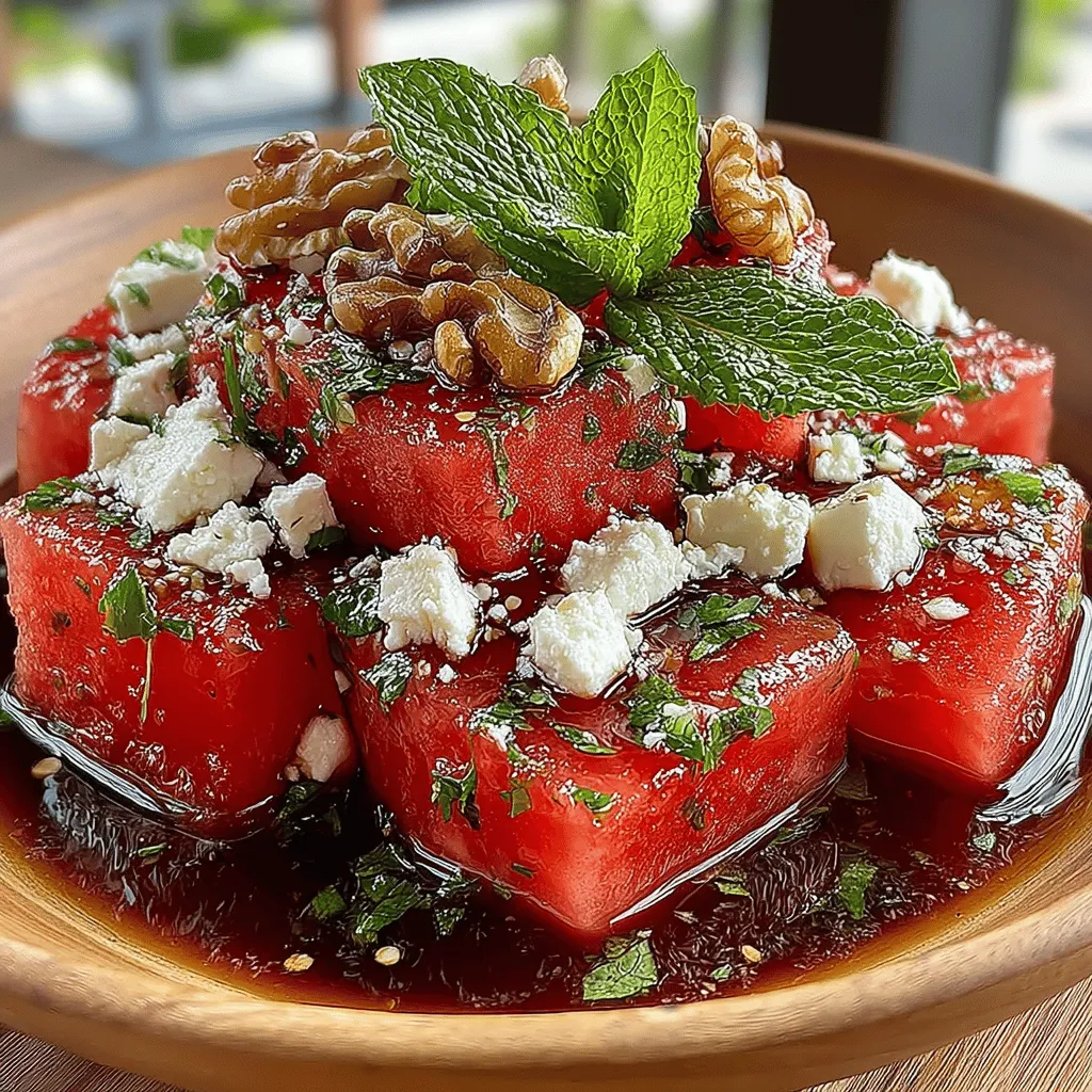 This salad is not just a feast for the senses; it’s a celebration of summer's bounty. The combination of flavors—sweet, salty, and refreshing—makes it an ideal dish for warm-weather gatherings, barbecues, or simply a light meal on a sunny day. The juicy watermelon serves as a hydrating base, while the feta introduces a savory element that elevates the overall taste profile. Each bite is a delightful contrast that leaves you craving more.