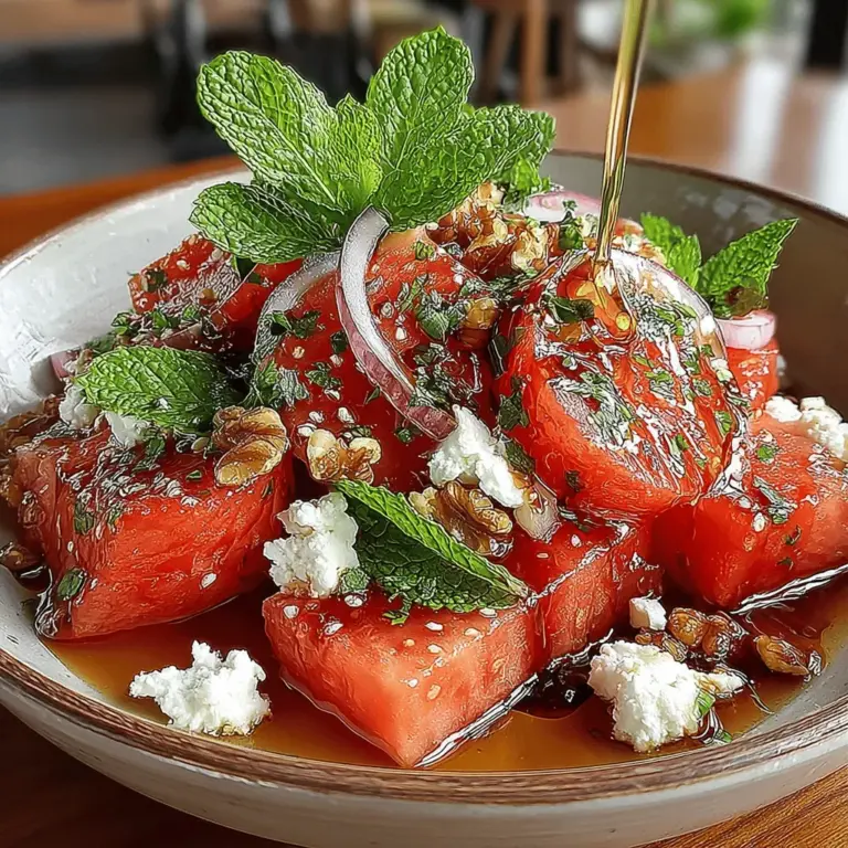This salad is not just a feast for the senses; it’s a celebration of summer's bounty. The combination of flavors—sweet, salty, and refreshing—makes it an ideal dish for warm-weather gatherings, barbecues, or simply a light meal on a sunny day. The juicy watermelon serves as a hydrating base, while the feta introduces a savory element that elevates the overall taste profile. Each bite is a delightful contrast that leaves you craving more.