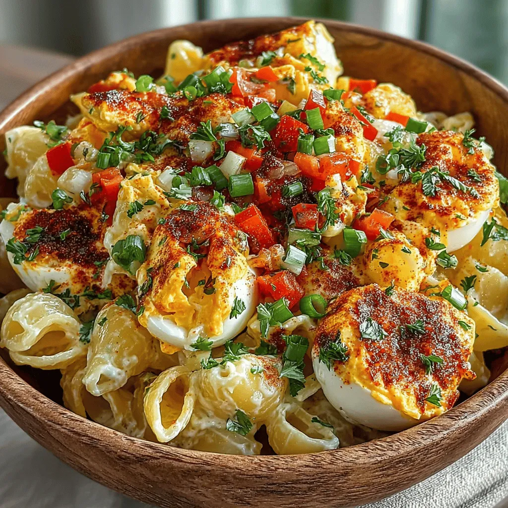 Deviled Egg Pasta Salad is a delightful culinary creation that seamlessly merges the classic flavors of deviled eggs with the comforting heartiness of pasta salad. This innovative dish is not only a feast for the taste buds but also a visual delight, boasting a creamy texture and vibrant colors that make it an excellent choice for any gathering, be it a picnic, potluck, or family barbecue. The essence of deviled eggs—rich and savory—combined with the chewy satisfaction of pasta creates a harmonious blend that is sure to please a crowd.