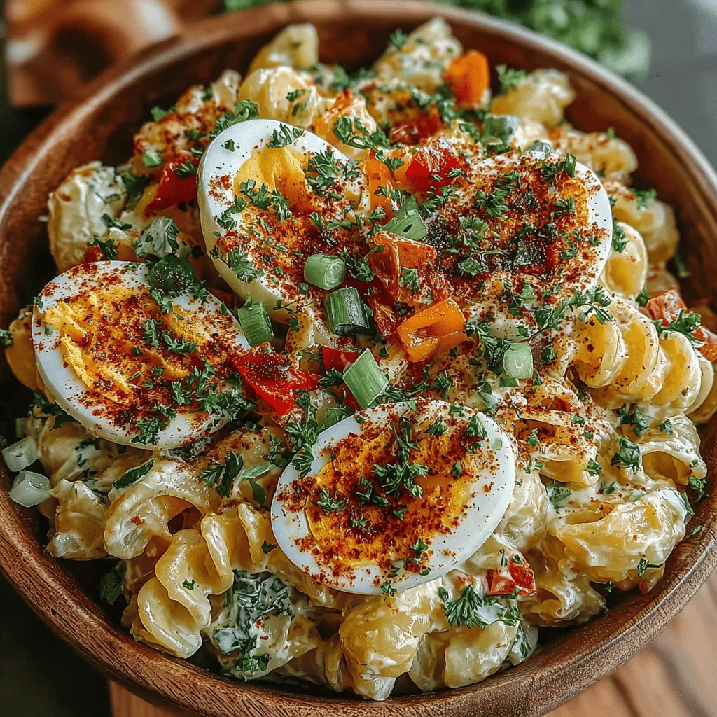 Deviled Egg Pasta Salad is a delightful culinary creation that seamlessly merges the classic flavors of deviled eggs with the comforting heartiness of pasta salad. This innovative dish is not only a feast for the taste buds but also a visual delight, boasting a creamy texture and vibrant colors that make it an excellent choice for any gathering, be it a picnic, potluck, or family barbecue. The essence of deviled eggs—rich and savory—combined with the chewy satisfaction of pasta creates a harmonious blend that is sure to please a crowd.
