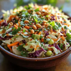 Crunchy Cabbage Peanut Slaw is more than just a side dish; it’s a vibrant, nutritious celebration of flavors and textures that can elevate any meal. This slaw combines the crispness of fresh cabbage, the nutty crunch of peanuts, and the satisfying chew of edamame, creating a dish that is not only visually appealing but also packed with essential nutrients. Whether served alongside grilled meats at a summer barbecue, as a refreshing topping for tacos, or as a standalone salad for a light lunch, this slaw offers a versatile option that caters to health-conscious eaters and food enthusiasts alike.