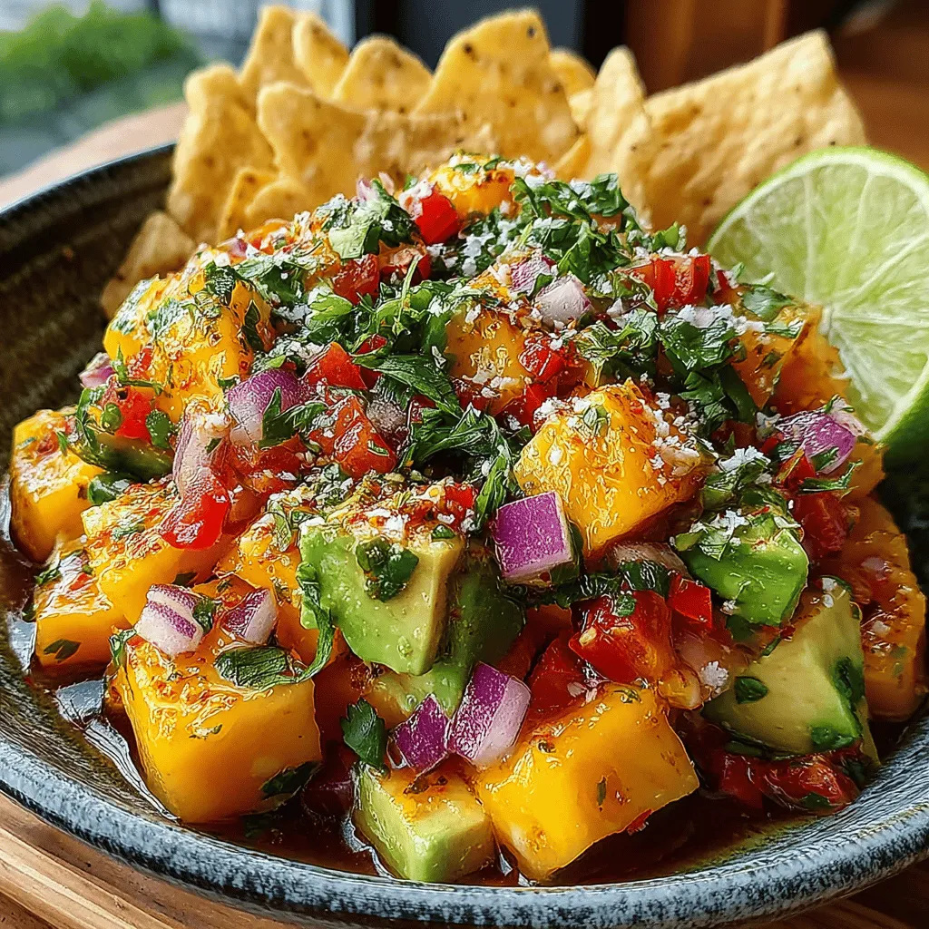In the world of culinary delights, few dishes can match the vibrant, refreshing flavors of a tropical salsa. The <strong>Tropical Mango Avocado Salsa Delight</strong> stands out as a perfect example, showcasing a harmonious blend of sweet and savory elements that tantalize the taste buds. This dish combines the luscious sweetness of ripe mangoes with the creamy texture of avocado, creating a symphony of flavors that is both refreshing and satisfying.” /></p>
</p>
<h2>Incorporating Fresh Cilantro</h2>
</p>
<p>To elevate the flavor of your Tropical Mango Avocado Salsa, the last step involves the addition of fresh cilantro. This aromatic herb is essential as it adds a bright, invigorating note that beautifully balances the sweetness of the ripe mango and the creamy texture of the avocado.</p>
</p>
<p>1. <strong>Add Cilantro</strong>: Take a handful of fresh cilantro, rinse it under cold water to remove any dirt, and pat it dry with a paper towel. Chop the cilantro leaves finely.</p>
<p>2. <strong>Mix Gently</strong>: Sprinkle the chopped cilantro over the salsa mixture. Using a spatula or spoon, stir everything gently just until the cilantro is evenly distributed. Be careful not to mash the avocado; you want to maintain some texture in the salsa.</p>
</p>
<p>This final touch will not only enhance the taste but also add a pop of color, making your dish visually appealing.</p>
</p>
<h2>Tasting and Adjusting</h2>
</p>
<p>Before you serve your Tropical Mango Avocado Salsa, it’s crucial to taste it and make any necessary adjustments. This step ensures that the flavors are perfectly balanced to your liking.</p>
</p>
<p>1. <strong>Taste Test</strong>: Using a clean spoon, take a small amount of the salsa and taste it. Pay attention to the sweetness, acidity, and saltiness.</p>
<p>2. <strong>Adjust Seasoning</strong>: If you find the salsa needs more brightness, squeeze in additional lime juice. If you prefer a saltier flavor, sprinkle in a pinch more salt. For those who enjoy a bit of heat, finely chop and add more jalapeño to the mixture.</p>
<p>3. <strong>Mix Again</strong>: After making any adjustments, give the salsa another gentle stir to incorporate the new flavors.</p>
</p>
<p>Remember, this dish is customizable, so don’t hesitate to tweak it until it meets your taste preference.</p>
</p>
<h2>Serving Suggestions</h2>
</p>
<p>Now that your Tropical Mango Avocado Salsa is ready to go, it’s time to present it beautifully and pair it with delightful accompaniments.</p>
</p>
<p>1. <strong>Presentation</strong>: Transfer the salsa to a vibrant serving bowl that contrasts well with the colorful ingredients. This will make the dish more inviting.</p>
<p>2. <strong>Tortilla Chips</strong>: Serve the salsa with a side of crispy tortilla chips. The crunch of the chips complements the smoothness of the avocado and the juiciness of the mango.</p>
<p>3. <strong>Grilled Proteins</strong>: For a heartier meal, consider serving the salsa alongside grilled fish or chicken. The salsa acts as a fresh topping that enhances the flavors of your proteins.</p>
<p>4. <strong>Tacos</strong>: This salsa is also a fantastic addition to tacos. Whether you’re making shrimp, chicken, or veggie tacos, a spoonful of this salsa brightens up the dish and adds a tropical twist.</p>
<p>5. <strong>Grain Bowls</strong>: For those who enjoy grain bowls, this salsa can be mixed in to add flavor and freshness to quinoa, brown rice, or couscous.</p>
</p>
<h3>Nutritional Benefits of Tropical Mango Avocado Salsa</h3>
</p>
<p>This delightful salsa not only tantalizes your taste buds but also packs a nutritional punch. Let’s dive into the health benefits of the key ingredients.</p>
</p>
<h4>Mangoes and Their Health Benefits</h4>
</p>
<p>Mangoes are not just delicious; they are also a superfood packed with nutrients.</p>
</p>
<p>– <strong>Vitamins A and C</strong>: These vitamins are crucial for skin health and immune function. Vitamin A supports good vision, while vitamin C aids in collagen production and boosts immunity.</p>
<p>– <strong>Antioxidants</strong>: Mangoes are high in antioxidants, which help combat oxidative stress and inflammation in the body, potentially reducing the risk of chronic diseases.</p>
</p>
<h4>Avocado: A Nutrient-Dense Food</h4>
</p>
<p>Avocados are often referred to as a superfood due to their impressive nutrient profile.</p>
</p>
<p>– <strong>Healthy Fats</strong>: They are rich in monounsaturated fats, which are heart-healthy and can help lower bad cholesterol levels.</p>
<p>– <strong>Fiber and Potassium</strong>: Avocados provide dietary fiber, which aids digestion, and potassium, which is essential for maintaining blood pressure levels. Additionally, they contain vitamins E and K, promoting skin health and bone strength.</p>
</p>
<h4>The Role of Fresh Vegetables</h4>
</p>
<p>The addition of red onions and bell peppers not only enhances the flavor profile of the salsa but also contributes to its overall health benefits.</p>
</p>
<p>– <strong>Red Onions</strong>: These are a good source of antioxidants and can help reduce the risk of chronic diseases, including heart disease.</p>
<p>– <strong>Bell Peppers</strong>: Packed with vitamins A and C, bell peppers also provide fiber and antioxidants, making them a colorful and nutritious addition to the salsa.</p>
</p>
<h3>Creative Variations and Pairings</h3>
</p>
<p>One of the great aspects of Tropical Mango Avocado Salsa is its versatility. Here are some creative variations and pairing suggestions to elevate your dish even further.</p>
</p>
<h4>Adding Protein</h4>
</p>
<p>To transform your salsa into a more substantial dish, consider adding protein sources.</p>
</p>
<p>– <strong>Black Beans</strong>: Stir in some drained and rinsed black beans for an added fiber boost and a mild flavor that complements the mango and avocado.</p>
<p>– <strong>Grilled Shrimp</strong>: For seafood lovers, adding grilled shrimp to the salsa can enhance its tropical flair while providing a healthy protein source.</p>
</p>
<h4>Spicing it Up</h4>
</p>
<p>Adjust the heat level of your salsa according to your spice preference by experimenting with different types of peppers.</p>
</p>
<p>– <strong>Serrano or Habanero</strong>: If you enjoy a bit more heat, consider substituting jalapeños with serrano or habanero peppers. These will give your salsa a delicious kick while still allowing the other flavors to shine.</p>
</p>
<h4>Serving with Different Dishes</h4>
</p>
<p>Your Tropical Mango Avocado Salsa can also shine as a topping or side dish for various meals.</p>
</p>
<p>– <strong>Topped on Grilled Meats</strong>: This salsa is excellent when served on top of grilled chicken or fish, adding a refreshing touch to the savory flavors.</p>
<p>– <strong>Mixed into Grain Bowls</strong>: For a fresh twist, mix the salsa into grain bowls featuring quinoa or brown rice, along with your choice of protein and vegetables.</p>
</p>
<h3>Conclusion</h3>
</p>
<p>The Tropical Mango Avocado Salsa Delight is not just a vibrant and refreshing dish; it encapsulates the essence of tropical flavors in a simple recipe that anyone can master. With its perfect balance of sweetness, creaminess, and zest, this salsa can be enjoyed in multiple ways, making it an excellent addition to your culinary repertoire.</p>
</p>
<p>Not only does it serve as a delightful appetizer with crispy tortilla chips, but it can also elevate your grilled dishes, tacos, and grain bowls. Additionally, the health benefits packed within its ingredients make it a guilt-free indulgence you can enjoy at any time.</p>
</p>
<p>So, gather your ingredients, embrace the tropical flavors, and enjoy a taste of paradise right from your kitchen!</p>
</div>