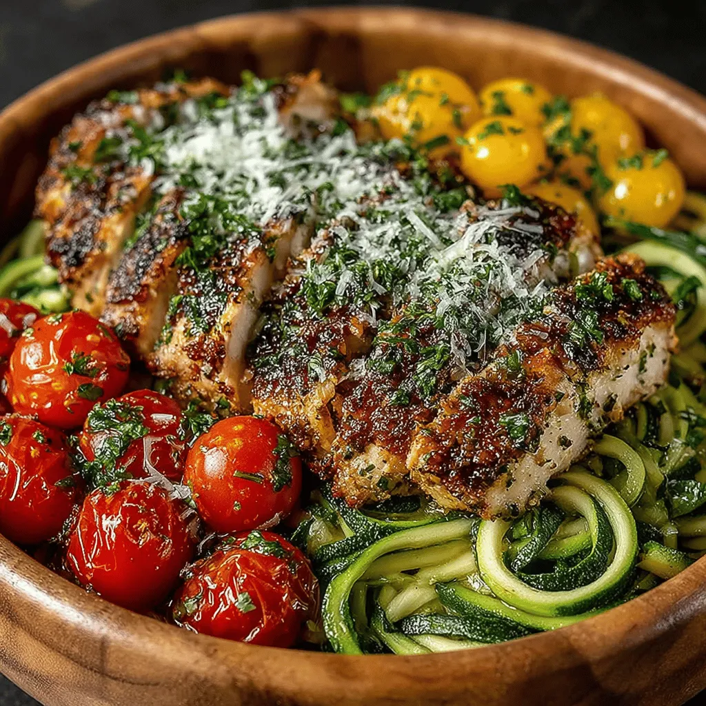 When it comes to giving your Lemon Garlic Chicken Zoodle Bowls that final touch, fresh parsley and Parmesan cheese are the perfect garnishes. Not only do they enhance the dish's flavor profile, but they also add a pop of color that makes the presentation visually appealing. Fresh parsley brings a hint of earthiness and brightens up the overall taste, while grated Parmesan adds a savory, nutty richness.