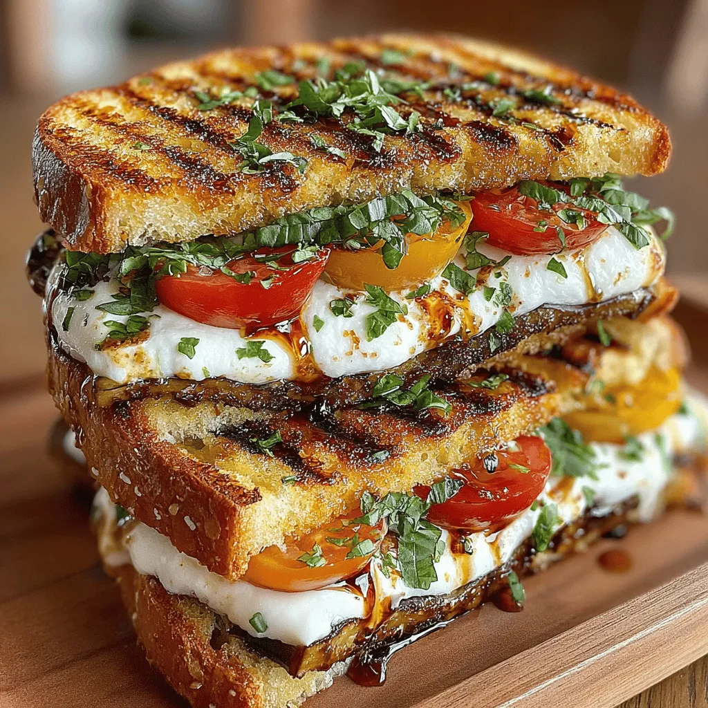 The Eggplant Caprese Grilled Sandwich is a delightful fusion of flavors that brings together the classic elements of a traditional Caprese salad and the comforting nature of a grilled sandwich. This dish is not only a feast for the eyes but also a celebration of textures and tastes, making it a popular choice for both vegetarians and anyone looking to indulge in a fresh, plant-based meal. The vibrant colors of the ingredients—from the deep purple of the eggplant to the bright red of ripe tomatoes—create an inviting visual appeal that makes this sandwich a standout option for any lunch or casual dinner.