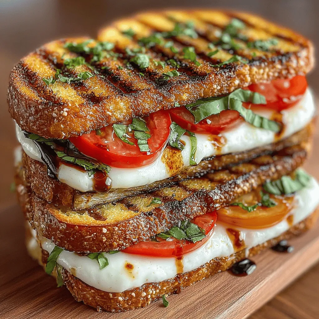 The Eggplant Caprese Grilled Sandwich is a delightful fusion of flavors that brings together the classic elements of a traditional Caprese salad and the comforting nature of a grilled sandwich. This dish is not only a feast for the eyes but also a celebration of textures and tastes, making it a popular choice for both vegetarians and anyone looking to indulge in a fresh, plant-based meal. The vibrant colors of the ingredients—from the deep purple of the eggplant to the bright red of ripe tomatoes—create an inviting visual appeal that makes this sandwich a standout option for any lunch or casual dinner.