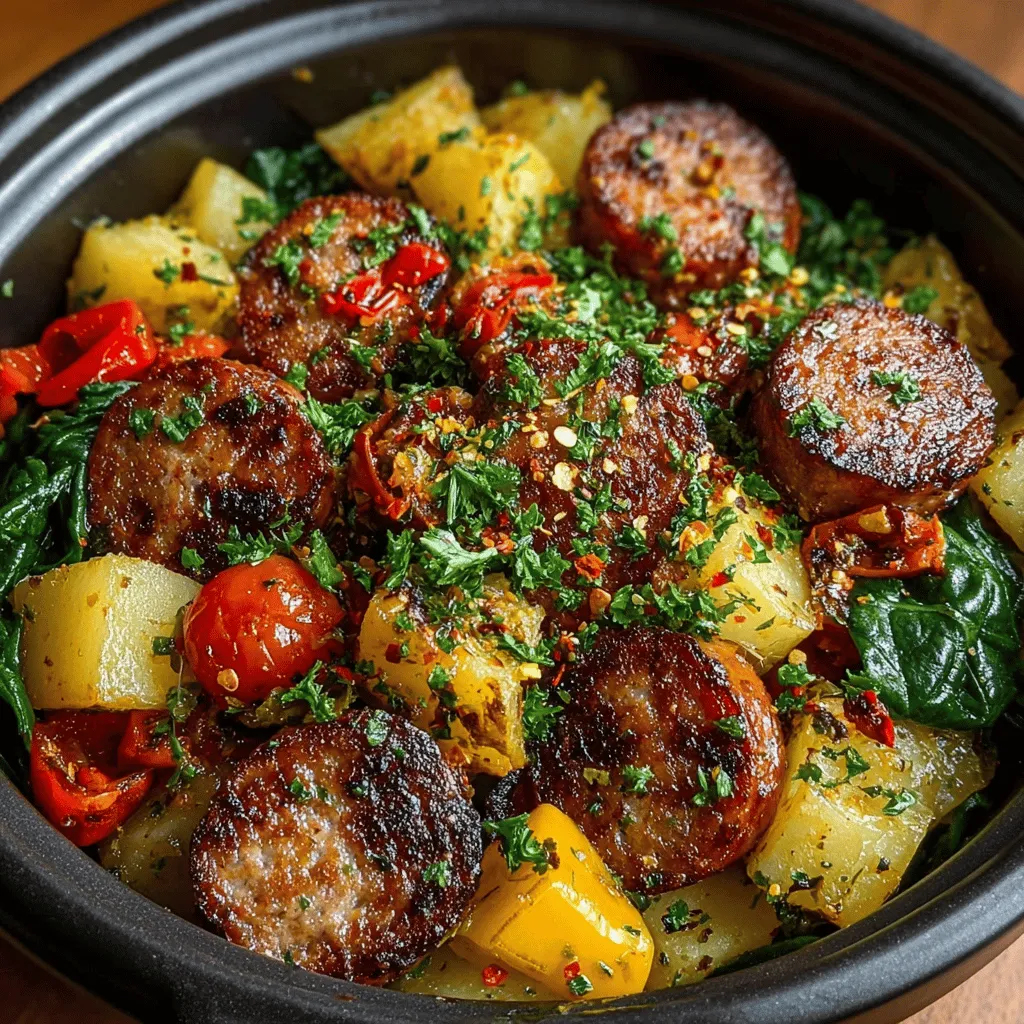 <strong>Introduction</strong>” /></p>
</p>
<h2>Best Practices for Layering Ingredients in a Crockpot</h2>
</p>
<p>When preparing the Sizzling Sausage & Veggie Delight, the way you layer your ingredients in the crockpot is crucial for achieving optimal flavor and texture. Here are some best practices to ensure your dish turns out perfectly:</p>
</p>
<p>1. <strong>Start with the Hardest Ingredients</strong>: Place root vegetables, such as potatoes and carrots, at the bottom of the crockpot. These ingredients take longer to cook and will benefit from the heat rising from the bottom.</p>
</p>
<p>2. <strong>Add Meat Next</strong>: Layer the sausages on top of the root vegetables. This allows the fats and juices from the sausage to seep down into the vegetables, enhancing their flavor.</p>
</p>
<p>3. <strong>Follow with Softer Ingredients</strong>: Add softer vegetables, like bell peppers and zucchini, last. These will cook quickly and should not be overly mushy by the end of the cooking time.</p>
</p>
<p>4. <strong>Season Layer by Layer</strong>: Sprinkle seasoning over each layer as you build your dish. This ensures that every ingredient is well-seasoned, leading to a more flavorful final product.</p>
</p>
<h2>Importance of Mixing Ingredients Thoroughly for Even Seasoning</h2>
</p>
<p>Once all the ingredients are layered, it’s important to mix them thoroughly before cooking. This step is vital for ensuring that every component of the dish is evenly coated with spices and seasonings. Take a few moments to gently stir the ingredients in the crockpot, ensuring that the sausage, vegetables, and seasonings are well incorporated. This will prevent any one element from being overly seasoned while another remains bland.</p>
</p>
<h2>Setting the Cooking Temperature</h2>
</p>
<p>Understanding the difference between low and high heat cooking in a crockpot is key to achieving the best results for your Sizzling Sausage & Veggie Delight.</p>
</p>
<h3>Explanation of Low vs. High Heat Cooking Times</h3>
</p>
<p>– <strong>Low Heat</strong>: Cooking on low heat usually requires 6 to 8 hours. This method is ideal for developing deep flavors and tender textures, especially in tougher cuts of meat. The gentle cooking allows the sausage to infuse its flavors into the vegetables.</p>
</p>
<p>– <strong>High Heat</strong>: Cooking on high heat typically takes about 3 to 4 hours. This method is faster and works well if you are short on time. However, it may not yield the same depth of flavor as the low-heat method.</p>
</p>
<h3>How Cooking Method Impacts Texture and Flavor Development</h3>
</p>
<p>Cooking at a lower temperature allows for a gradual melding of flavors and a more tender texture, which is particularly important for the sausage and vegetables. When cooked on high, the ingredients may not have enough time to soften, resulting in a less harmonious dish. Therefore, if time permits, opt for the low-heat setting for the best results.</p>
</p>
<h2>Monitoring the Cooking Process</h2>
</p>
<p>As your Sizzling Sausage & Veggie Delight cooks, it’s essential to monitor the process to ensure even cooking.</p>
</p>
<h3>Importance of Stirring Halfway Through for Even Cooking</h3>
</p>
<p>Stirring the mixture halfway through the cooking time is a crucial step. This action helps redistribute the ingredients, allowing the flavors to intermingle and ensuring that all vegetables and sausage pieces are evenly cooked. If you’re cooking on low for 8 hours, stir after about 4 hours. For high heat, stir around the 2-hour mark.</p>
</p>
<h3>Signs That Indicate the Dish is Ready for Serving</h3>
</p>
<p>When your Sizzling Sausage & Veggie Delight is nearing completion, look for these signs to confirm it’s ready to serve:</p>
</p>
<p>– <strong>Tender Vegetables</strong>: The root vegetables should be fork-tender, while the softer vegetables should be cooked but still retain their shape.</p>
<p>– <strong>Juicy Sausage</strong>: The sausages should be cooked through and juicy, with some browning on the edges.</p>
<p>– <strong>Aromatic Aroma</strong>: The dish should smell heavenly, with the spices and sausage creating an inviting aroma.</p>
</p>
<h2>Serving Suggestions for a Complete Meal</h2>
</p>
<h3>Garnishing for Visual Appeal</h3>
</p>
<p>Presentation plays a pivotal role in any meal. Enhancing your Sizzling Sausage & Veggie Delight with some garnishes can elevate its visual appeal.</p>
</p>
<h4>The Role of Fresh Parsley in Enhancing Presentation</h4>
</p>
<p>Chopped fresh parsley adds a pop of color and freshness to your dish. Sprinkle it over the top just before serving for a vibrant finish. The bright green color contrasts beautifully against the hearty tones of the sausage and vegetables, making the dish more inviting.</p>
</p>
<h4>Ideas for Additional Garnishes That Complement the Dish</h4>
</p>
<p>– <strong>Grated Parmesan Cheese</strong>: A light sprinkling of Parmesan can add a rich, savory flavor.</p>
<p>– <strong>Chili Flakes</strong>: For those who enjoy a bit of heat, a dash of chili flakes can provide an exciting kick.</p>
<p>– <strong>Lemon Zest</strong>: A sprinkle of lemon zest can brighten the flavors, making the dish feel more refreshing.</p>
</p>
<h3>Pairing the Dish with Sides</h3>
</p>
<p>To create a complete meal, consider serving your Sizzling Sausage & Veggie Delight with some complementary side dishes.</p>
</p>
<p>– <strong>Crusty Bread or Rolls</strong>: Perfect for sopping up the delicious juices from the crockpot.</p>
<p>– <strong>Simple Green Salad</strong>: A light salad with a tangy vinaigrette can provide a refreshing contrast to the hearty dish.</p>
<p>– <strong>Rice or Quinoa</strong>: These grains can help soak up the flavors and add a different texture to your meal.</p>
</p>
<h3>Exploring Beverage Pairings That Enhance the Overall Dining Experience</h3>
</p>
<p>When it comes to beverages, consider the following pairings to elevate your dining experience:</p>
</p>
<p>– <strong>White Wine</strong>: A crisp Sauvignon Blanc complements the flavors of the sausage and vegetables beautifully.</p>
<p>– <strong>Craft Beer</strong>: A light lager or pilsner works well, offering a refreshing contrast to the richness of the dish.</p>
<p>– <strong>Sparkling Water with Lemon</strong>: For a non-alcoholic option, sparkling water with a squeeze of lemon is both refreshing and palate-cleansing.</p>
</p>
<h2>Nutritional Benefits of Sizzling Sausage & Veggie Delight</h2>
</p>
<h3>Understanding the Health Aspects</h3>
</p>
<p>The Sizzling Sausage & Veggie Delight is not just delicious; it also offers several nutritional benefits.</p>
</p>
<h4>Overview of the Nutritional Content of Key Ingredients</h4>
</p>
<p>– <strong>Sausage</strong>: Provides protein and essential fats, which are important for muscle maintenance and energy.</p>
<p>– <strong>Vegetables</strong>: Packed with vitamins, minerals, and dietary fiber, the various veggies promote digestive health and overall wellness. Potatoes, for instance, are a good source of potassium, while bell peppers provide vitamin C.</p>
</p>
<h3>Benefits of Incorporating Vegetables into Meals</h3>
</p>
<p>Incorporating a variety of vegetables into your meals boosts nutrient intake and contributes to a balanced diet. The fiber from the vegetables aids in digestion, while the vitamins and minerals support immune function and overall health.</p>
</p>
<h3>Balancing Flavor and Nutrition</h3>
</p>
<p>This recipe strikes a balance between rich flavors and nutritional content. It can fit into a healthy lifestyle by providing essential nutrients without compromising on taste.</p>
</p>
<h4>Tips for Modifying the Recipe to Cater to Dietary Preferences</h4>
</p>
<p>– <strong>Vegetarian Options</strong>: Substitute the sausage with plant-based alternatives or hearty beans, such as black beans or chickpeas, for a vegetarian version.</p>
<p>– <strong>Low-carb Option</strong>: Replace potatoes with cauliflower or zucchini to decrease the carbohydrate content while still enjoying a satisfying meal.</p>
<p>– <strong>Gluten-Free</strong>: Ensure any sausage used is gluten-free, and feel free to use gluten-free bread for serving.</p>
</p>
<h2>Conclusion</h2>
</p>
<p>The Sizzling Sausage & Veggie Delight recipe is a heartwarming dish that showcases the beauty of simple, wholesome ingredients. With its rich flavors and nutritional benefits, this meal is not only satisfying but also perfect for any occasion. Whether enjoyed on a busy weeknight or served at a family gathering, this recipe is sure to impress and delight everyone at the table. Embrace the warmth of homemade cooking with this easy-to-follow recipe that brings comfort and flavor to your dining experience. With thoughtful preparation and presentation, your Sizzling Sausage & Veggie Delight will not only be a feast for the palate but also a visually stunning centerpiece to your meal.</p>
</div>