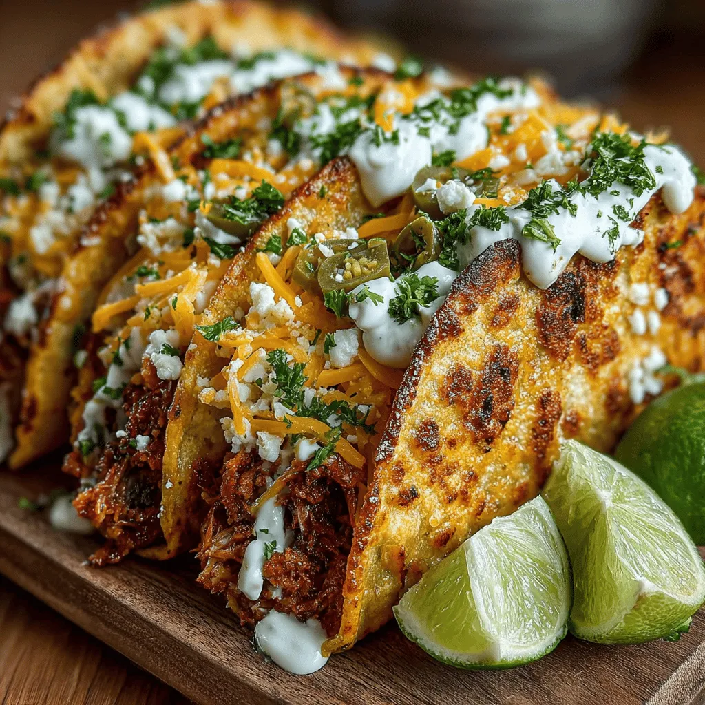 <strong>Introduction</strong>” /></p>
</p>
<p>Crispy charcuterie tacos bring a delightful twist to traditional taco recipes, merging the rich flavors of cured meats and artisanal cheeses with the fun of handheld tacos. This dish not only elevates your taco night but also offers a unique way to enjoy charcuterie at home. Let’s delve deeper into the essential components, step-by-step preparation instructions, and serving suggestions that make these tacos an unforgettable culinary experience.</p>
</p>
<h2>Salami and Cheeses: Enhancing the Dish</h2>
</p>
<p>Salami and cheese are the stars of these crispy charcuterie tacos. The salami, with its robust and smoky flavor, pairs beautifully with a variety of cheeses, creating a savory base that complements the other ingredients perfectly. Opt for a mix of cheeses such as aged cheddar, creamy goat cheese, or rich Gruyère to enhance the flavor profile. Each cheese brings its unique texture and taste, from the sharpness of cheddar to the tanginess of goat cheese, ensuring that every bite offers a delightful surprise.</p>
</p>
<p>Choosing high-quality, artisanal salami can greatly enhance the overall taste of your tacos. The fat content in the salami not only adds richness but also helps in keeping the tacos moist, balancing the crispy texture of the tortilla.</p>
</p>
<h2>Pickled Jalapeños and Olives: Balancing Heat and Acidity</h2>
</p>
<p>To create a well-rounded flavor profile, the addition of pickled jalapeños and olives is essential. These ingredients introduce a sharp acidity that cuts through the richness of the meats and cheeses. The heat from the jalapeños adds a spicy kick, while the briny flavor of olives contributes depth and complexity to the dish.</p>
</p>
<p>When using pickled jalapeños, you can adjust the quantity according to your heat preference. For those who enjoy a milder flavor, removing the seeds can help tone down the spice. Olives, on the other hand, can be varied; consider using green olives for a more tangy flavor or Kalamata olives for a hint of sweetness. Together, these components ensure your crispy charcuterie tacos are not only delicious but also vibrant and refreshing.</p>
</p>
<h2>Fresh Herbs and Sauces: Finishing Touches</h2>
</p>
<p>Fresh herbs and sauces play a crucial role in elevating the overall taste of your crispy charcuterie tacos. Chopped parsley adds a burst of fresh flavor that brightens the dish, while sour cream serves as a creamy counterbalance to the spiciness of the jalapeños. For an extra layer of flavor, consider drizzling chimichurri sauce over the tacos. This herbaceous sauce, made with parsley, garlic, vinegar, and olive oil, adds tanginess and enhances the overall savory profile.</p>
</p>
<p>Incorporating these fresh elements not only enhances the flavor but also introduces a pleasing visual appeal. The vibrant green of the parsley and the glossy finish of the sauces can make your tacos look as enticing as they taste.</p>
</p>
<h2>Nutritional Aspects of the Ingredients</h2>
</p>
<p>Understanding the nutritional benefits of the ingredients used in your crispy charcuterie tacos can add an extra layer of appreciation for this dish.</p>
</p>
<p>– <strong>Salami</strong>: A good source of protein and iron, salami is packed with flavor, but moderation is key due to its high sodium content.</p>
<p>– <strong>Cheeses</strong>: Rich in calcium, protein, and vitamins, cheeses contribute essential nutrients. Opting for lower-fat varieties can help reduce calorie intake without sacrificing flavor.</p>
<p>– <strong>Pickled Jalapeños</strong>: These peppers are low in calories and high in vitamin C. The capsaicin in jalapeños can also potentially boost metabolism.</p>
<p>– <strong>Olives</strong>: High in healthy fats and antioxidants, olives are a great addition that promotes heart health.</p>
<p>– <strong>Fresh Herbs</strong>: Parsley is rich in vitamins A, C, and K, while also providing a refreshing taste that complements the rich flavors of the tacos.</p>
</p>
<p>Incorporating these ingredients into your diet can provide health benefits while indulging in a delicious meal.</p>
</p>
<h2>Step-by-Step Recipe Instructions</h2>
</p>
<p>Creating crispy charcuterie tacos is a straightforward process that yields impressive results. Follow these detailed steps to ensure your tacos are flavorful and perfectly crispy.</p>
</p>
<h3>Preparing the Tortillas</h3>
</p>
<p>1. <strong>Choosing the Right Tortillas</strong>: For the best results, opt for corn tortillas, which crisp up beautifully. Alternatively, flour tortillas can be used for a softer texture.</p>
</p>
<p>2. <strong>Heating the Tortillas</strong>: Warm the tortillas on a skillet over medium heat for about 30 seconds on each side. This makes them pliable and easy to fold without cracking.</p>
</p>
<h3>Creating the Filling</h3>
</p>
<p>1. <strong>Mixing the Ingredients</strong>: In a mixing bowl, combine thinly sliced salami, grated cheese (a blend of your choice), chopped pickled jalapeños, and sliced olives.</p>
</p>
<p>2. <strong>Flavor Enhancements</strong>: Add a sprinkle of black pepper and a dash of smoked paprika to the mixture for an extra flavor boost.</p>
</p>
<h3>Assembling the Tacos</h3>
</p>
<p>1. <strong>Filling the Tortillas</strong>: Take a warm tortilla and place a generous amount of the filling in the center. Be careful not to overfill, as it may be difficult to fold.</p>
</p>
<p>2. <strong>Folding Techniques</strong>: Gently fold the tortilla over the filling, tucking the edges in to secure the contents. You can also use toothpicks to hold the tacos together, especially if they are generously filled.</p>
</p>
<h3>Frying the Tacos</h3>
</p>
<p>1. <strong>Heating the Oil</strong>: In a deep skillet or frying pan, heat enough vegetable oil (or your preferred frying oil) to submerge the bottom of the tacos.</p>
</p>
<p>2. <strong>Frying for Crispiness</strong>: Once the oil is hot (approximately 350°F), carefully place the folded tacos in the pan. Fry for about 2-3 minutes on each side, or until they are golden brown and crispy.</p>
</p>
<p>3. <strong>Draining Excess Oil</strong>: Remove the tacos from the skillet and place them on a plate lined with paper towels to absorb any excess oil.</p>
</p>
<h3>Garnishing and Serving</h3>
</p>
<p>1. <strong>Adding Final Touches</strong>: Once fried, garnish the tacos with fresh parsley, a dollop of sour cream, and a drizzle of chimichurri sauce for added flavor and visual appeal.</p>
</p>
<p>2. <strong>Presentation</strong>: Serve the tacos on a colorful platter, accompanied by lime wedges and extra pickled jalapeños for those who enjoy a little more heat.</p>
</p>
<h2>Serving Suggestions</h2>
</p>
<p>Pairing your crispy charcuterie tacos with the right beverages and side dishes can enhance the overall dining experience.</p>
</p>
<h3>Drink Pairings</h3>
</p>
<p>– <strong>Craft Beers</strong>: A hoppy IPA or a light lager complements the richness of the tacos beautifully.</p>
<p>– <strong>Margaritas</strong>: The citrusy notes of a classic margarita can balance the savory flavors of the tacos.</p>
</p>
<h3>Side Dishes</h3>
</p>
<p>– <strong>Fresh Salads</strong>: A refreshing cucumber and tomato salad can provide a light counterpoint to the richness of the tacos.</p>
<p>– <strong>Salsas</strong>: Consider serving with mango salsa or a zesty pico de gallo for an added burst of flavor.</p>
</p>
<h3>Presentation Tips</h3>
</p>
<p>For gatherings, consider arranging the tacos on a large wooden board or a colorful platter, garnished with lime wedges and fresh herbs. This not only enhances the visual appeal but also invites guests to serve themselves, creating a casual and friendly atmosphere.</p>
</p>
<h2>Conclusion</h2>
</p>
<p>Crispy charcuterie tacos are a unique and delicious addition to any meal, combining the best of charcuterie with the fun of tacos. Their rich flavors, vibrant colors, and delightful textures make them a standout dish for gatherings or a cozy night in.</p>
</p>
<p>Whether you choose to stick to the classic recipe or explore your own variations, these tacos are sure to impress. So, gather your ingredients, follow the steps, and indulge in the satisfying experience of homemade crispy charcuterie tacos. Enjoy the blend of flavors and textures that this dish offers, and don’t hesitate to share your own twists on this delightful recipe!</p>
</div>